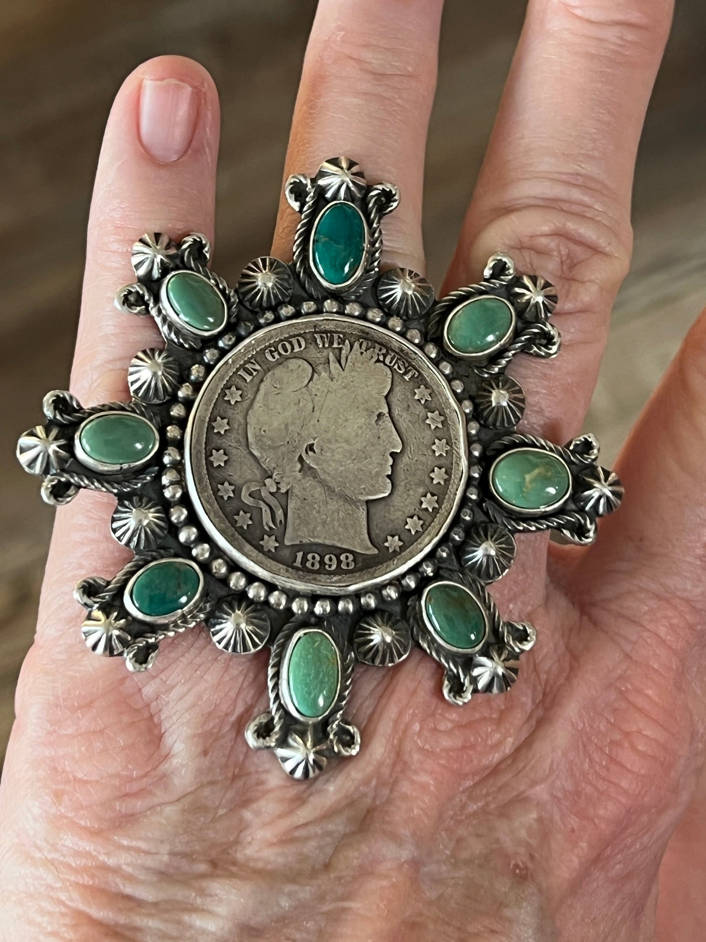 Rosella Paxson Hubei Turquoise and Barber Half Dollar Cluster Ring, Sz 6.5-7