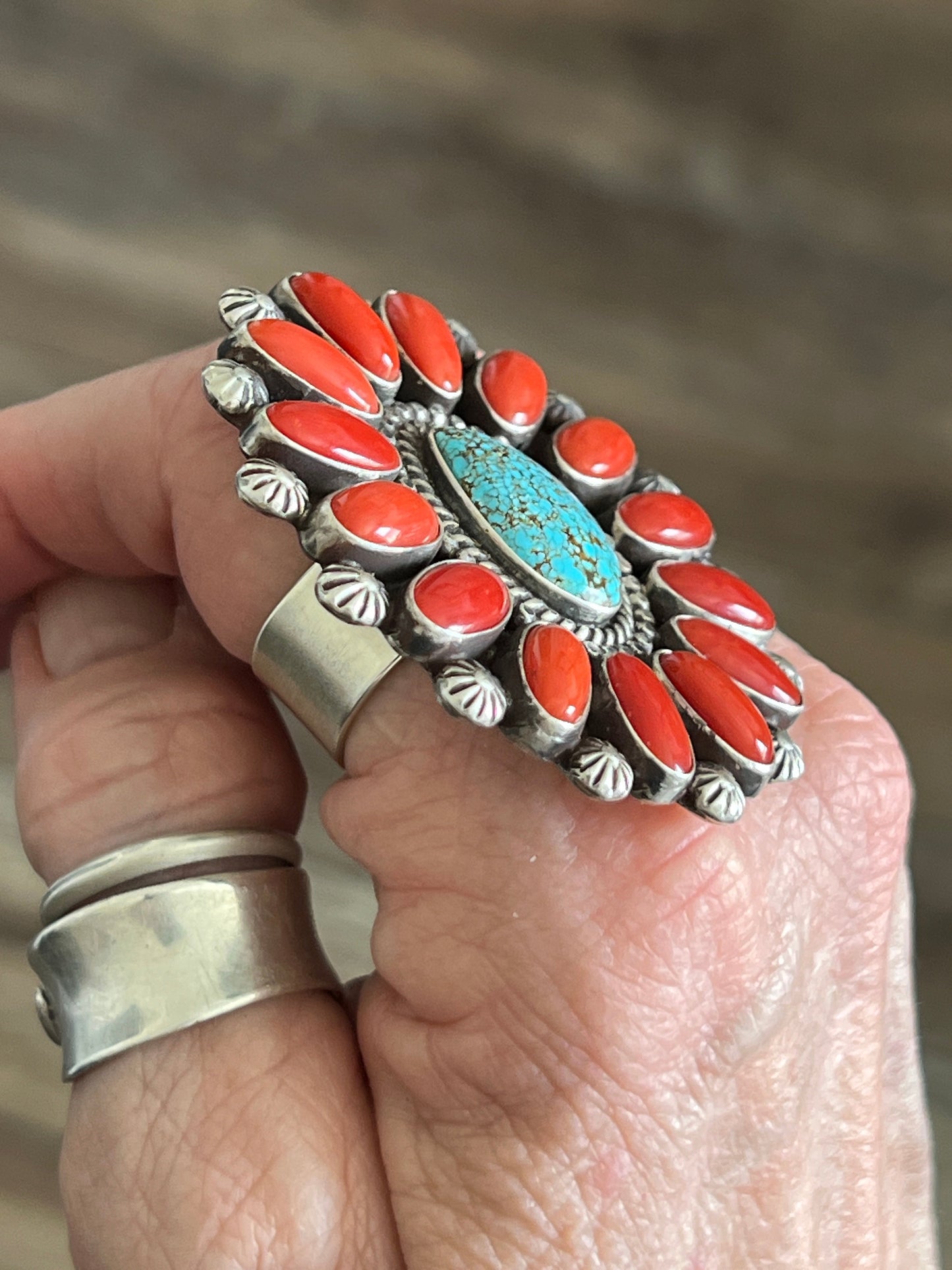 Navajo Sterling Silver, Mediterranean Coral and Spiderweb Kingman Cluster Ring, Adjustable