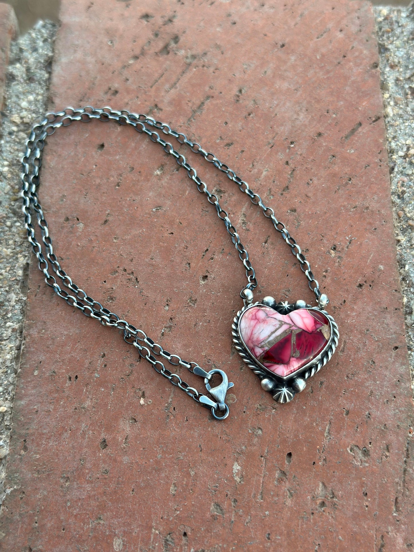 Navajo Rose Dahlia & Sterling Silver Heart Necklace