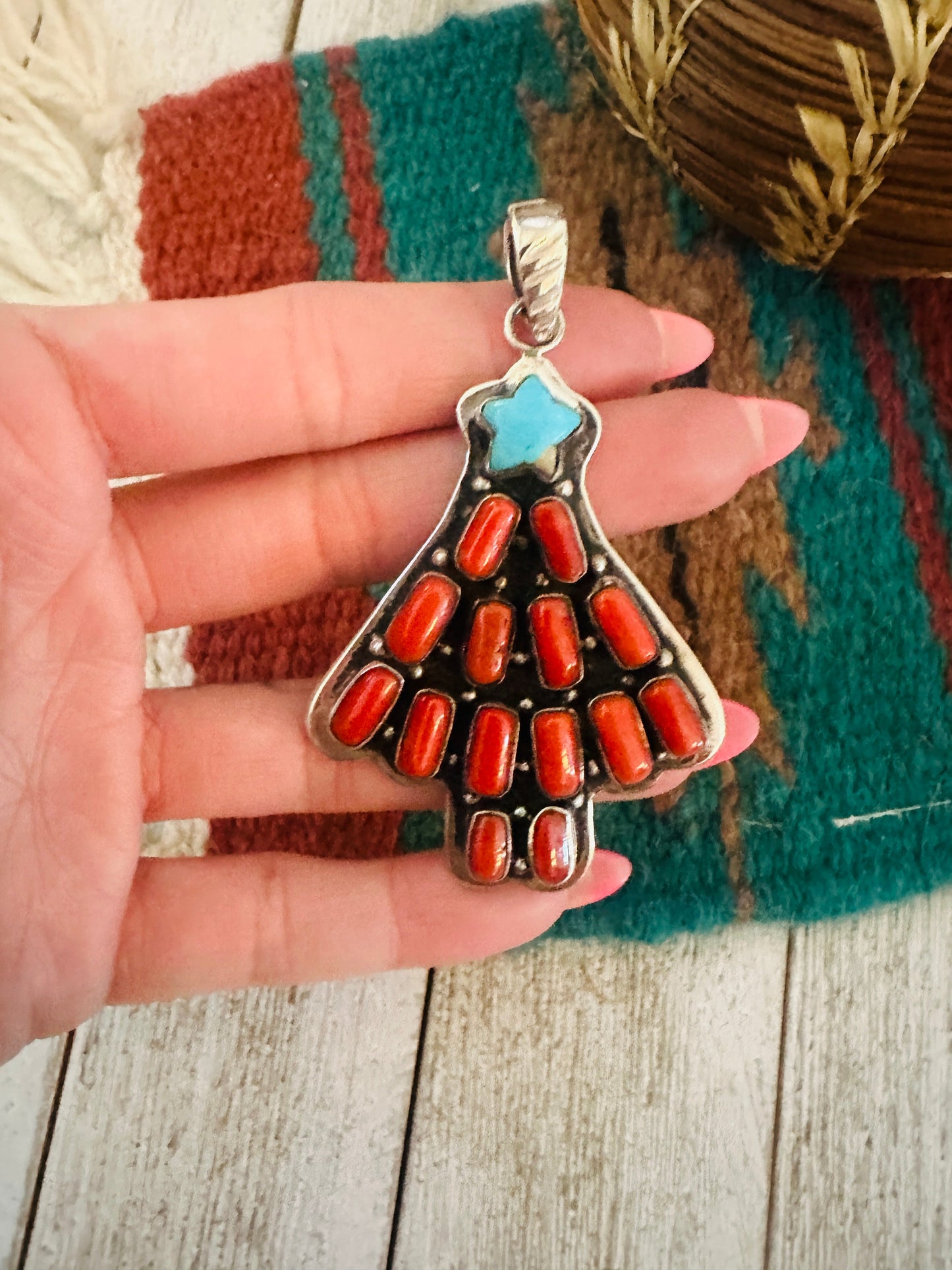 ** Christmas Collection ** Handmade Sterling Silver, Coral & Turquoise Pendant Signed Nizhoni