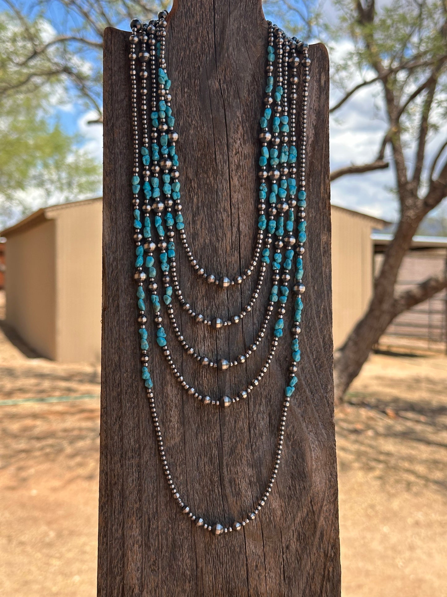 Navajo Kingman Turquoise & Sterling Silver 3mm-8mm Beaded Necklace
