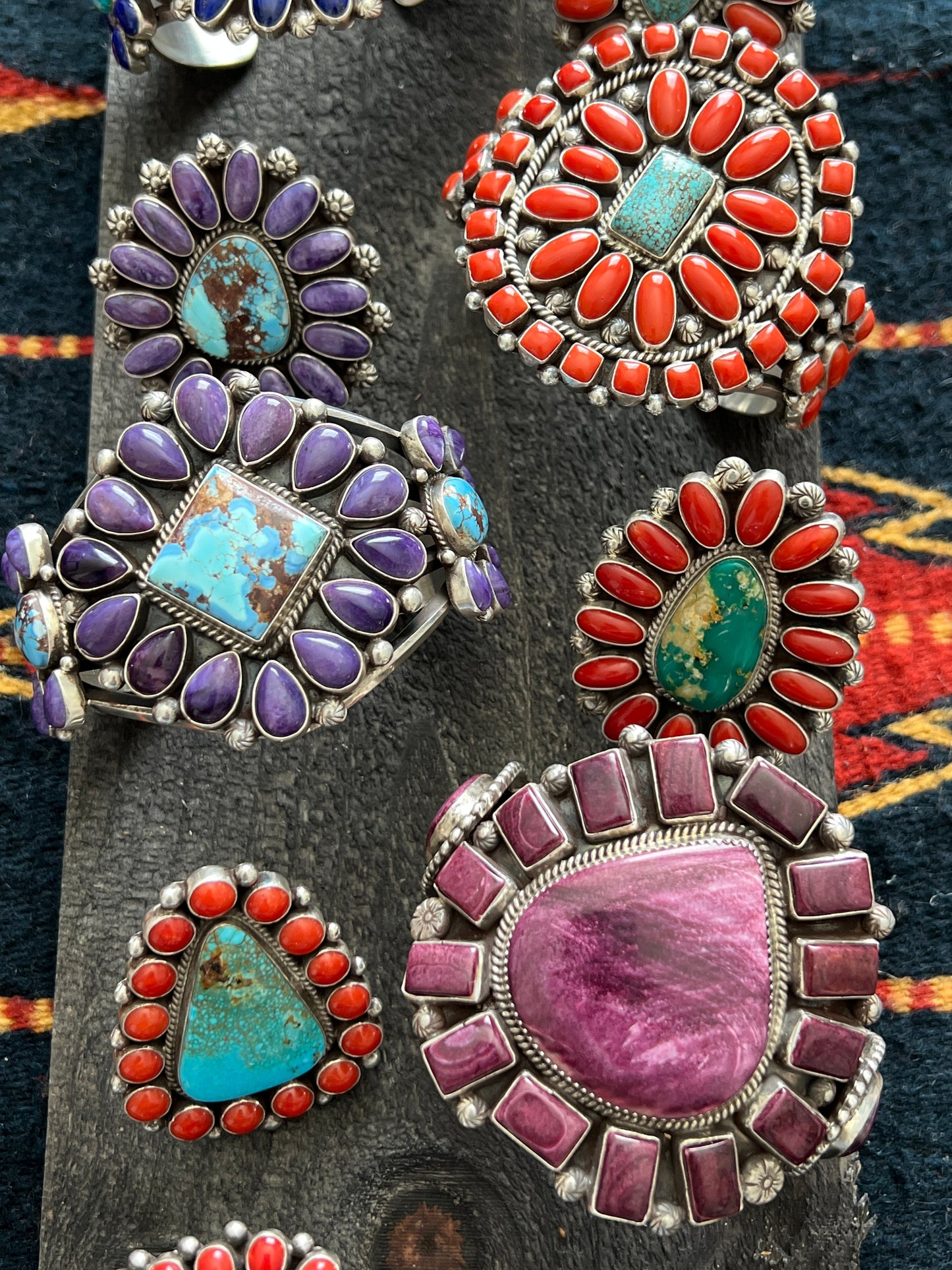 Navajo Sterling Silver, Kingman Turquoise and Mediterranean Coral Cluster Ring By Tyler Brown, Adjustable