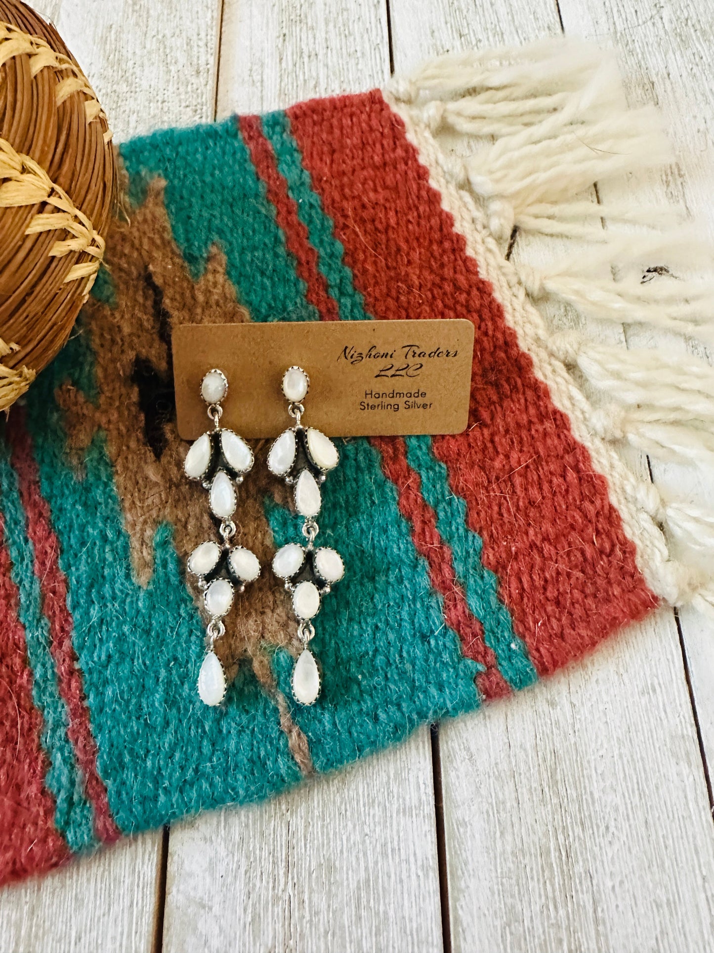 ** Christmas Collection ** Handmade Sterling Silver & Mother of Pearl Dangle Earrings Signed Nizhoni