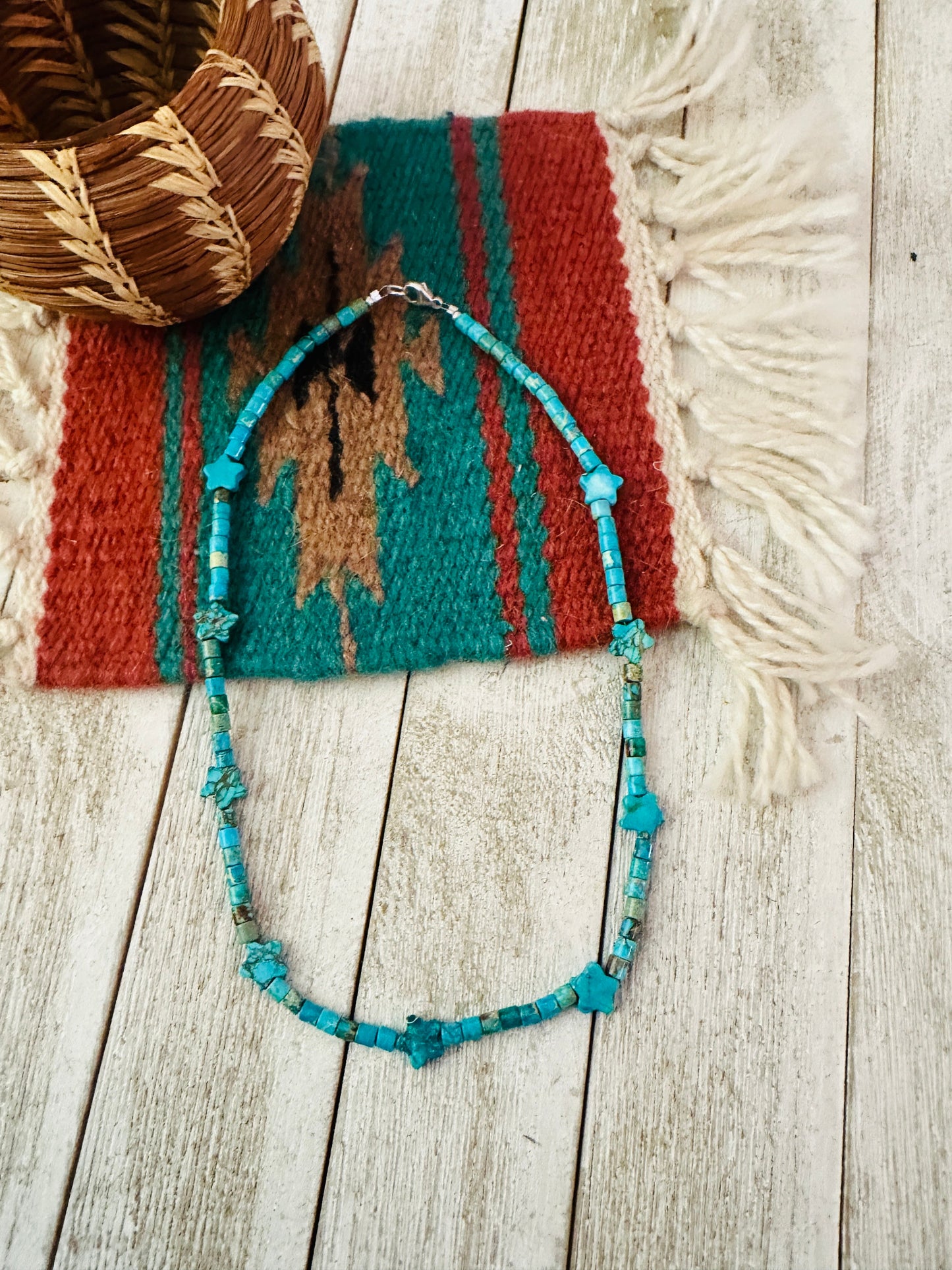 Navajo Turquoise & Sterling Silver 18” Beaded Star Necklace