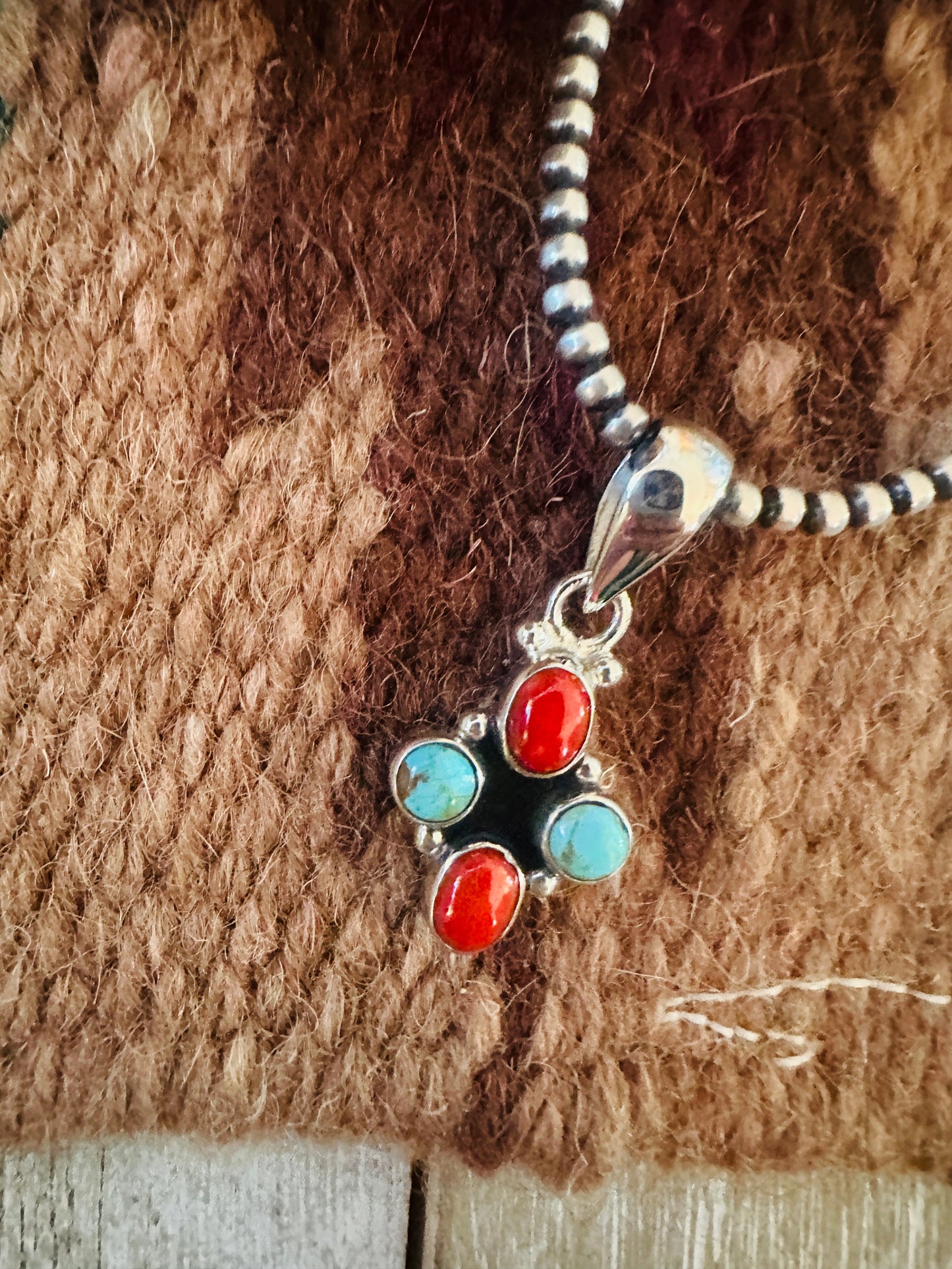 ** Christmas Collection ** Handmade Sterling Silver, Coral & Turquoise Pendant Signed Nizhoni