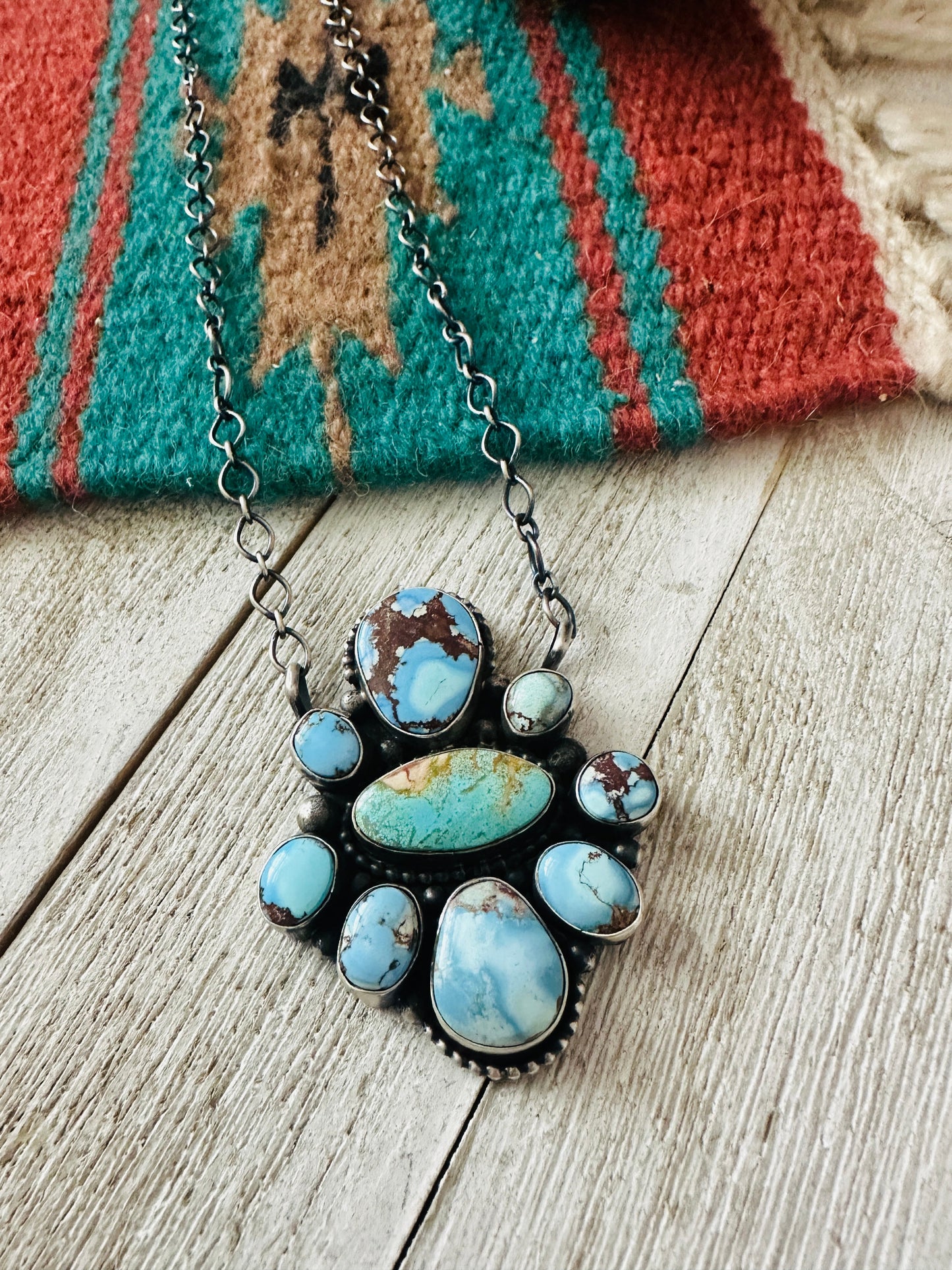 Navajo Sterling Silver & Golden Hills Turquoise Cluster Necklace