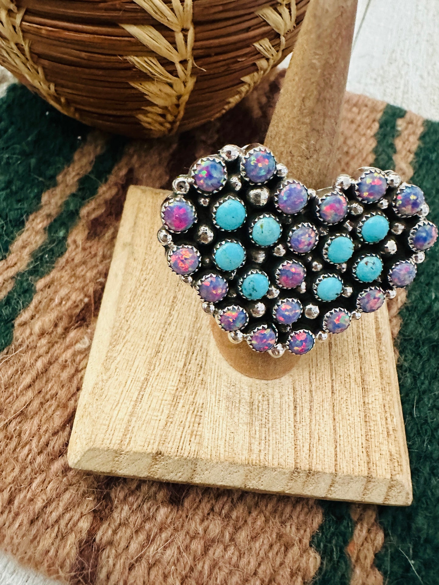 Navajo Sterling Silver, Opal & Turquoise Cluster Adjustable Heart Ring