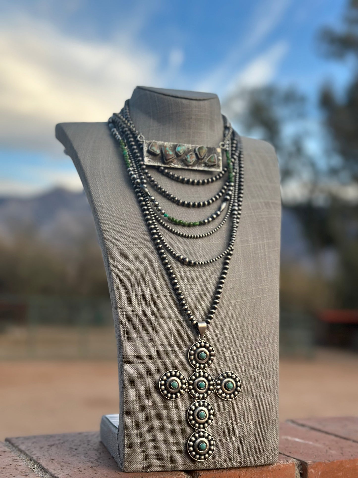 Navajo Sterling Silver Navajo Style Pearls with Royston Turquoise 20”