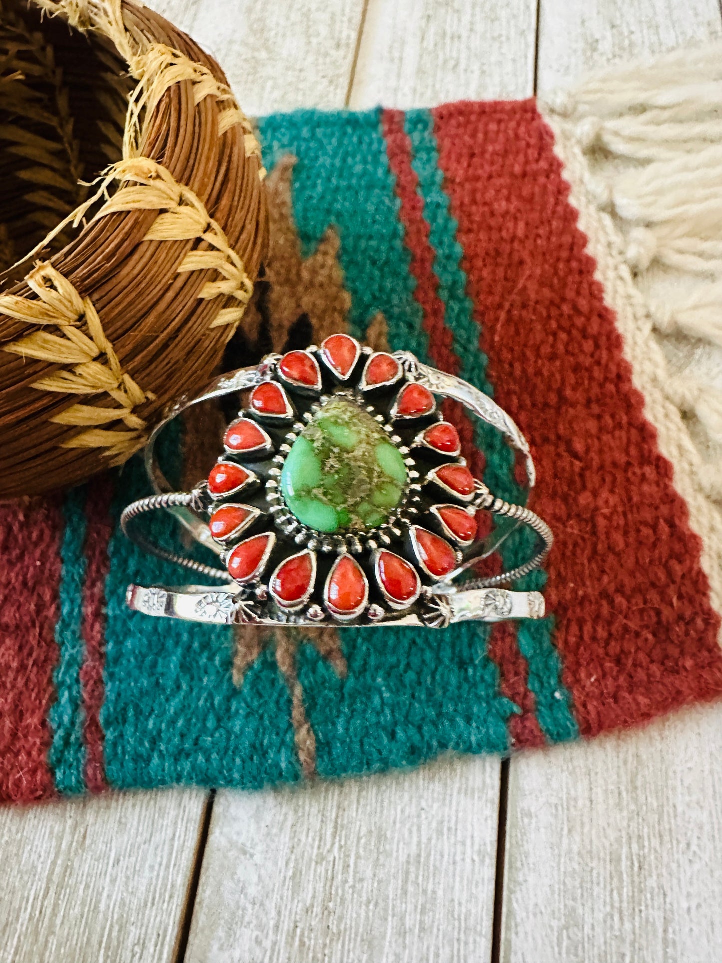** Christmas Collection ** Handmade Sterling Silver, Turquoise & Coral Cuff Bracelet Signed Nizhoni
