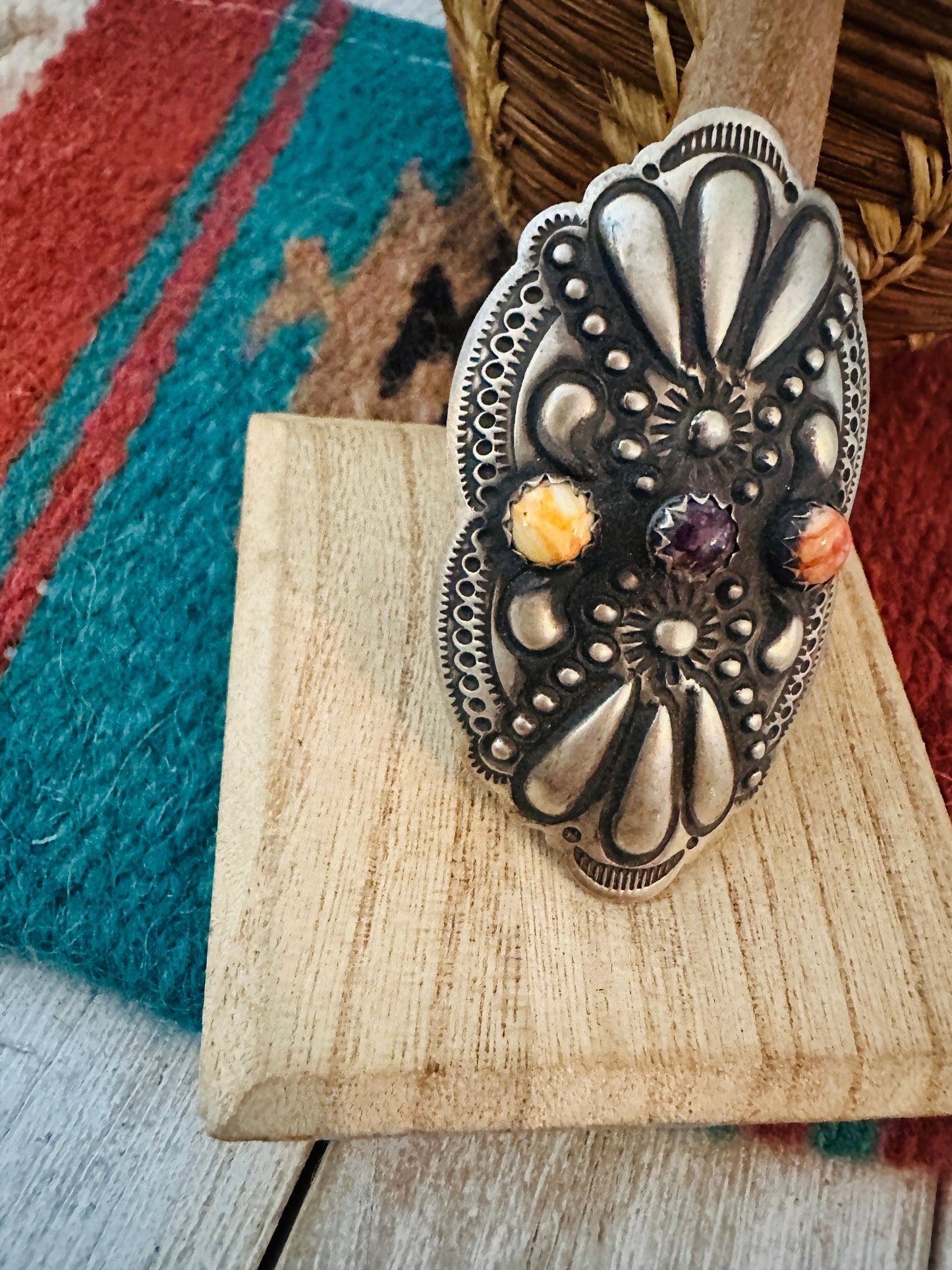Navajo Spiny Oyster & Sterling Silver Adjustable Ring by Leander Tahe
