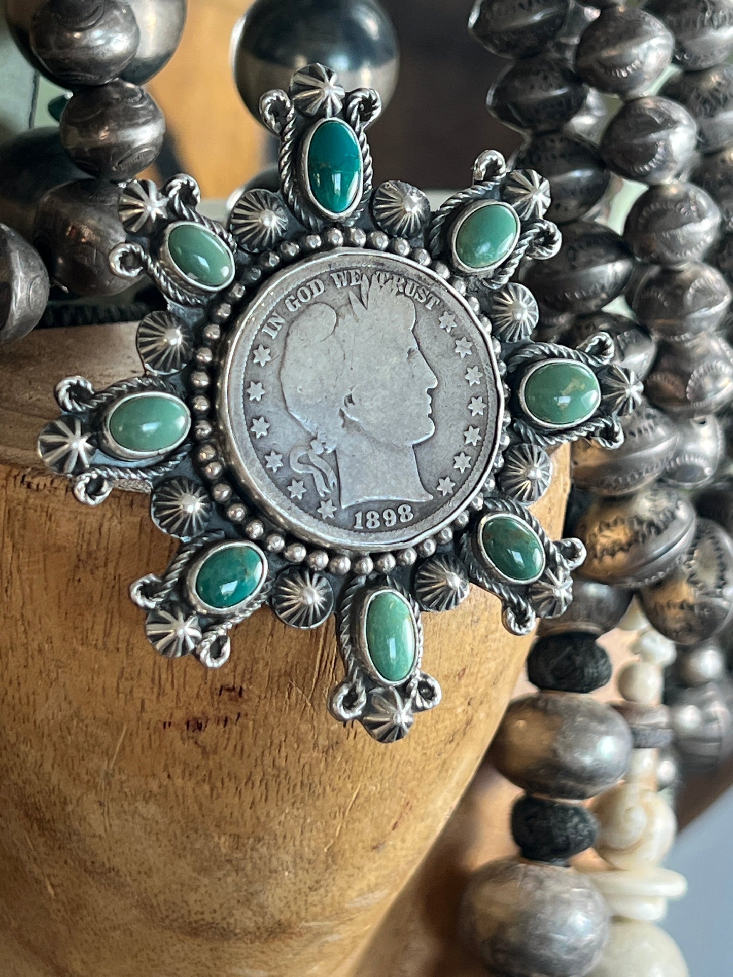 Rosella Paxson Hubei Turquoise and Barber Half Dollar Cluster Ring, Sz 6.5-7