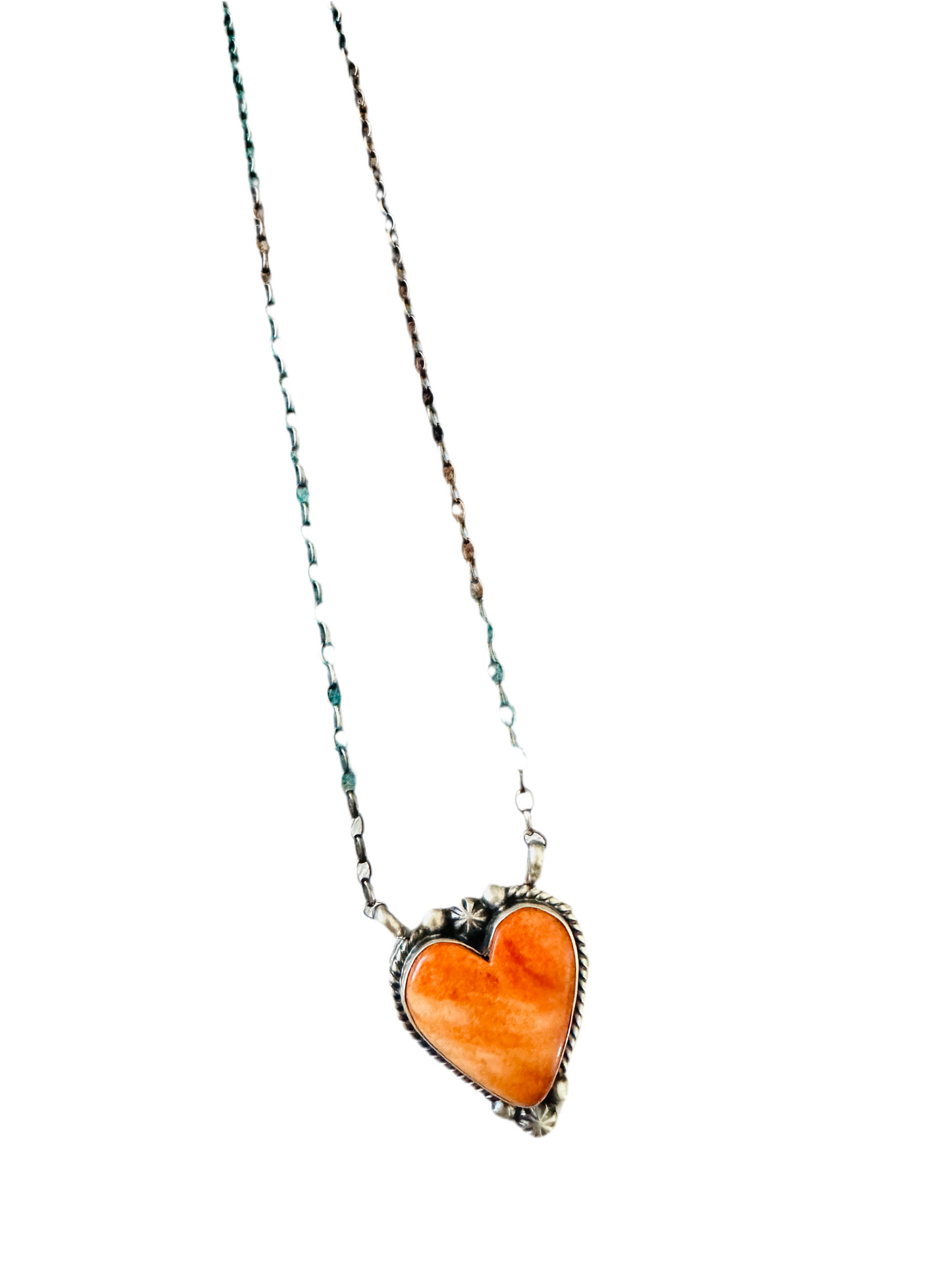 Navajo Sterling Silver & Orange Spiny Heart Necklace