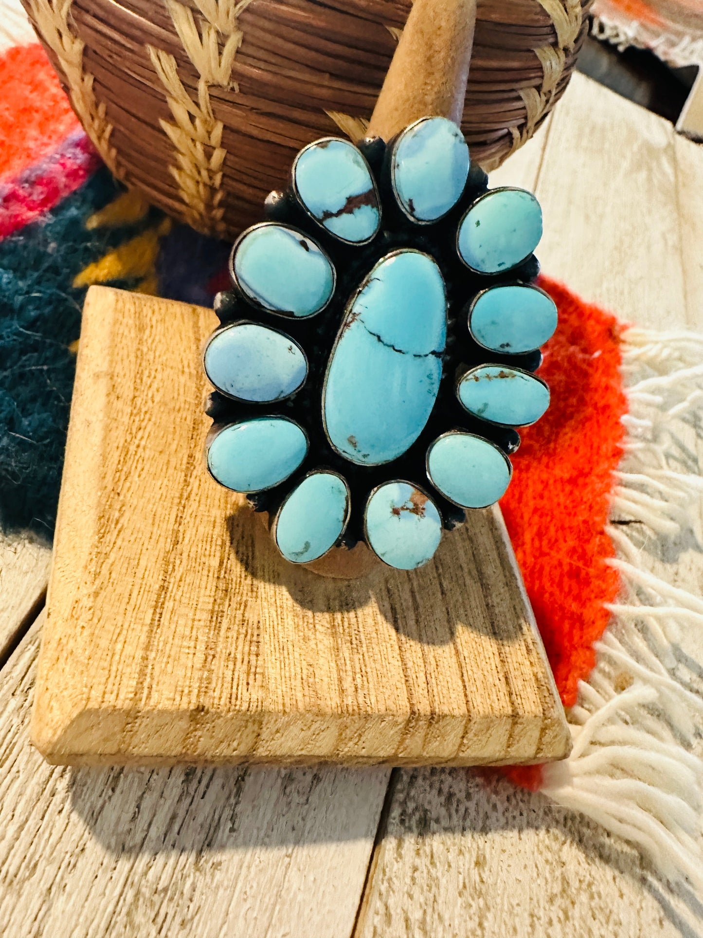Navajo Golden Hills Turquoise & Sterling Silver Cluster Ring by Blaine Yellowhorse, Size 7
