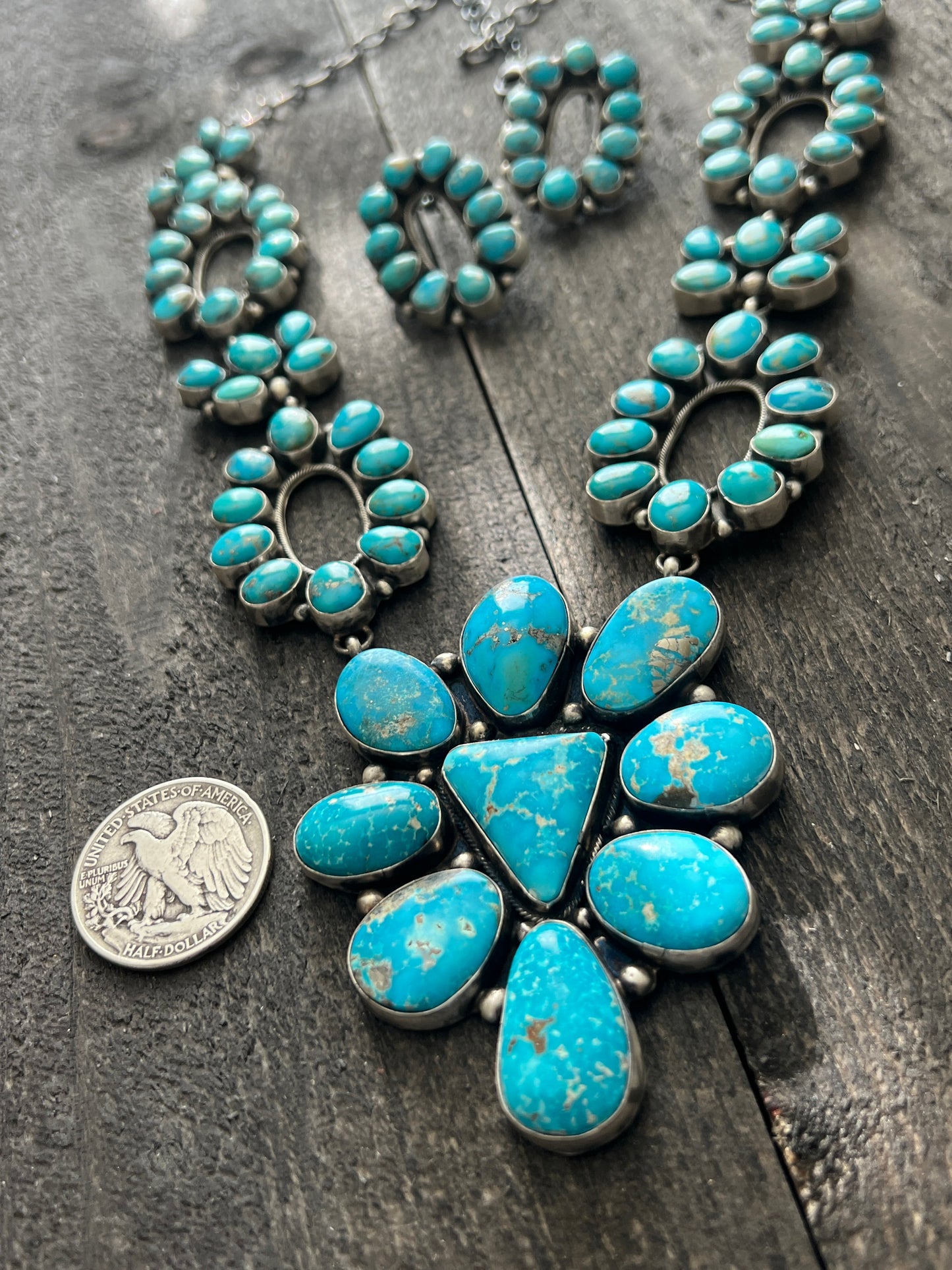 Navajo Sterling Silver and Whitewater Campitos Turquoise Cluster Necklace and Earring Set by Sheila Becenti