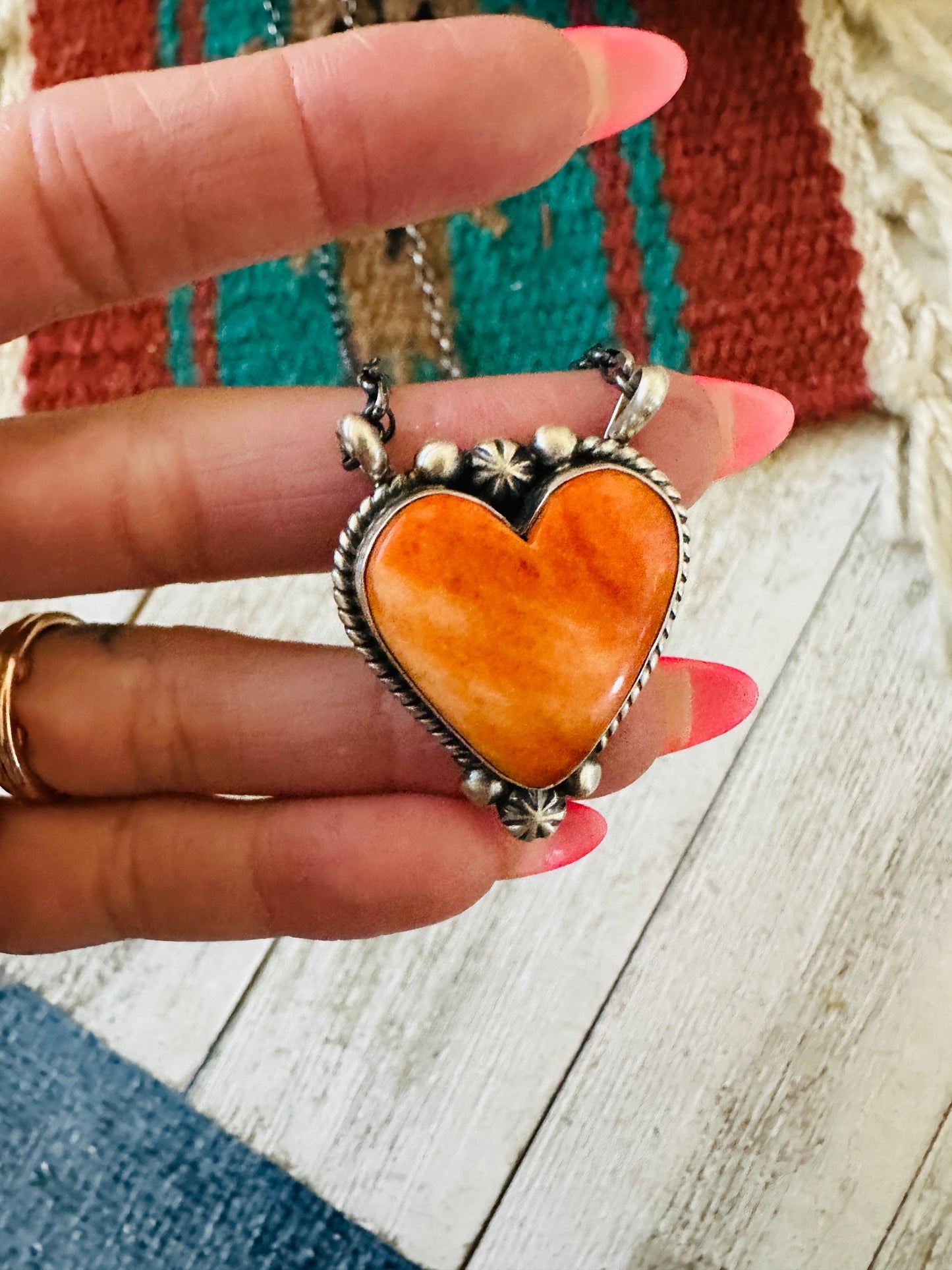 Navajo Sterling Silver & Orange Spiny Heart Necklace
