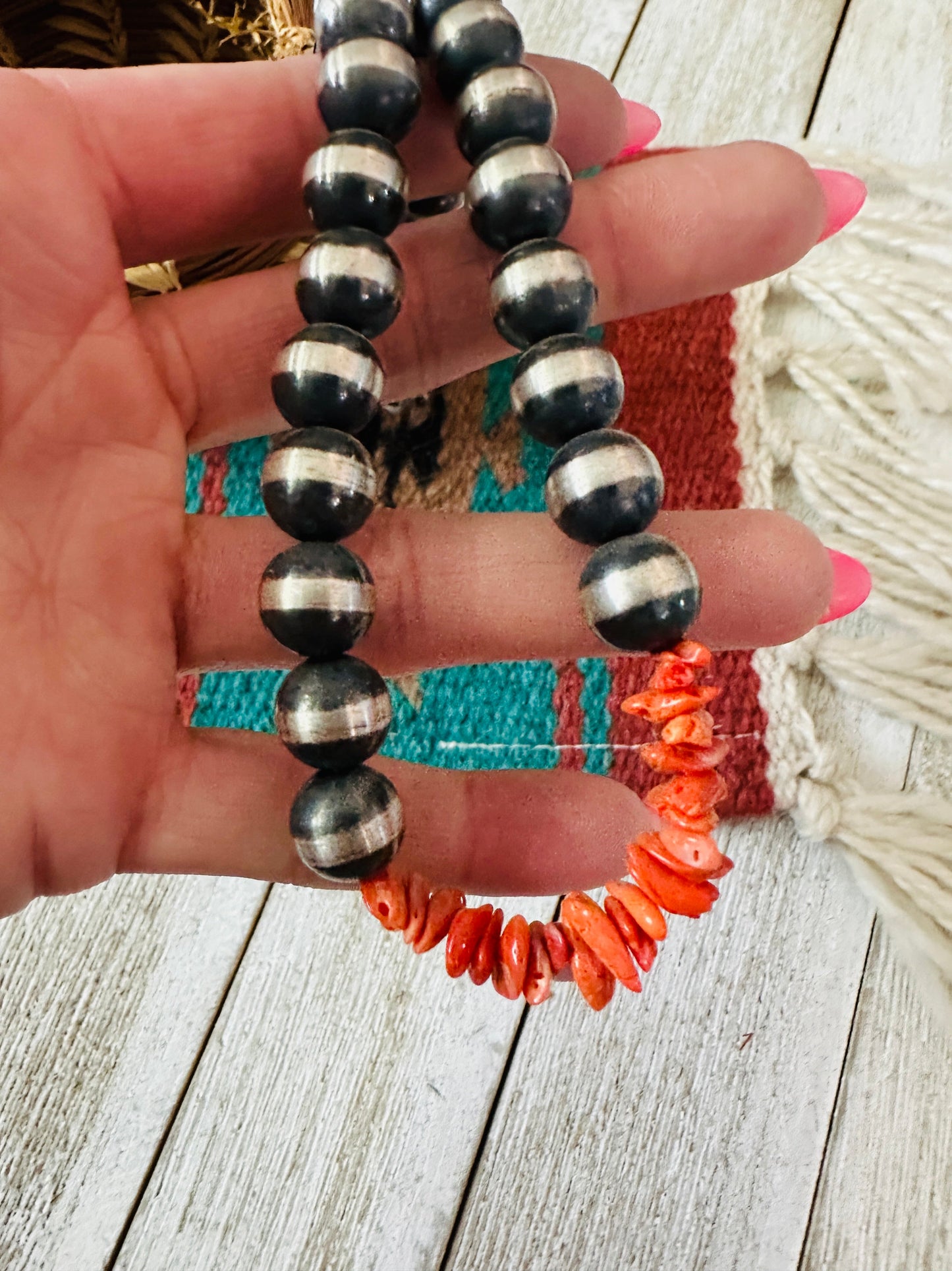 Navajo Sterling Silver Pearl & Spiny Beaded Necklace