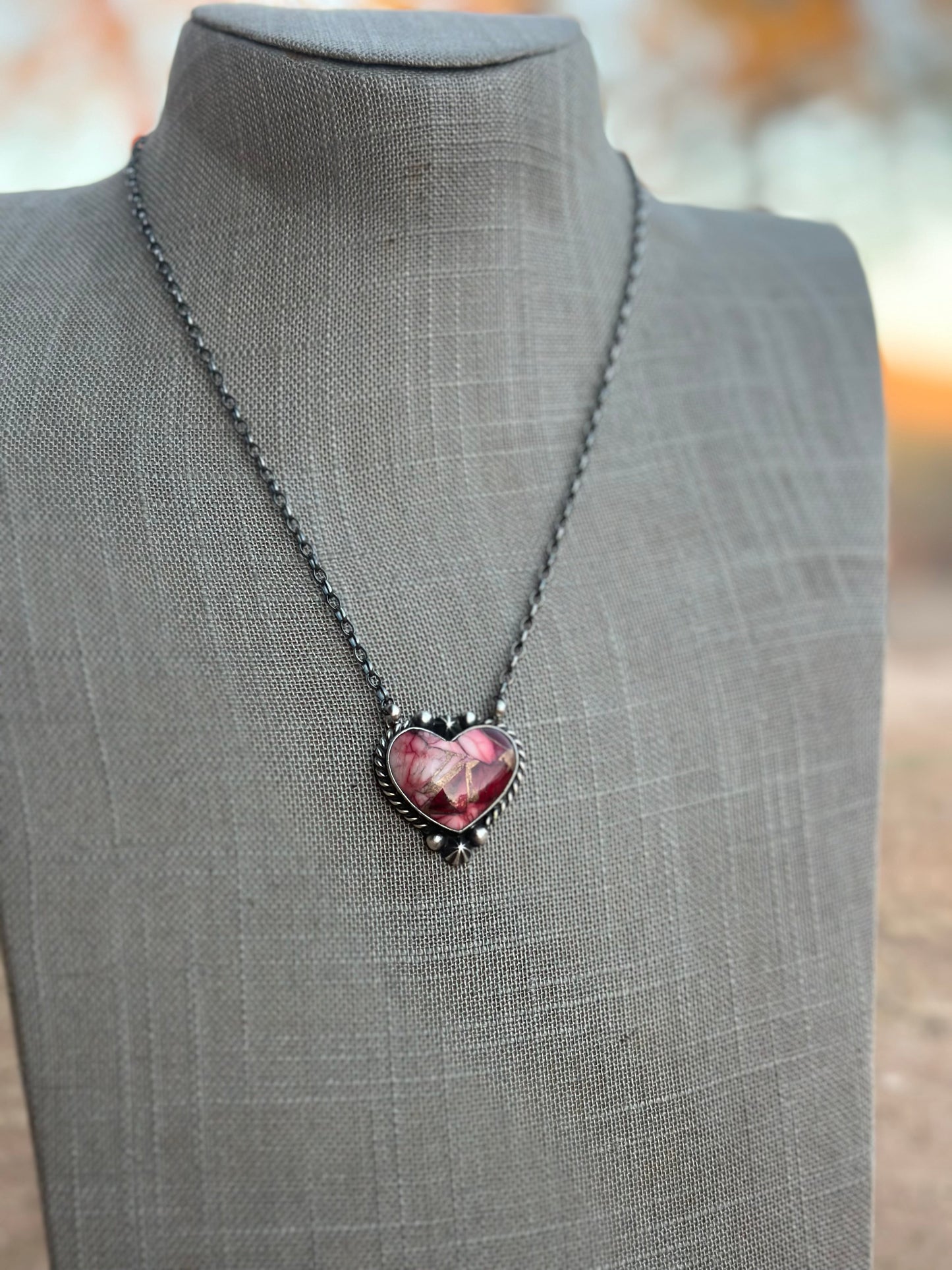 Navajo Rose Dahlia & Sterling Silver Heart Necklace