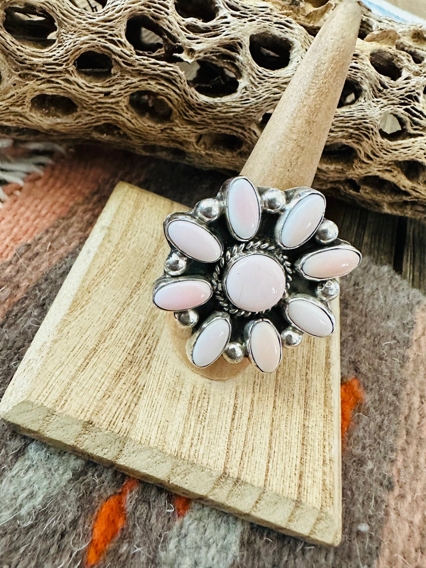 Navajo Sterling Silver and Queen Pink Conch Shell Adjustable Flower Ring