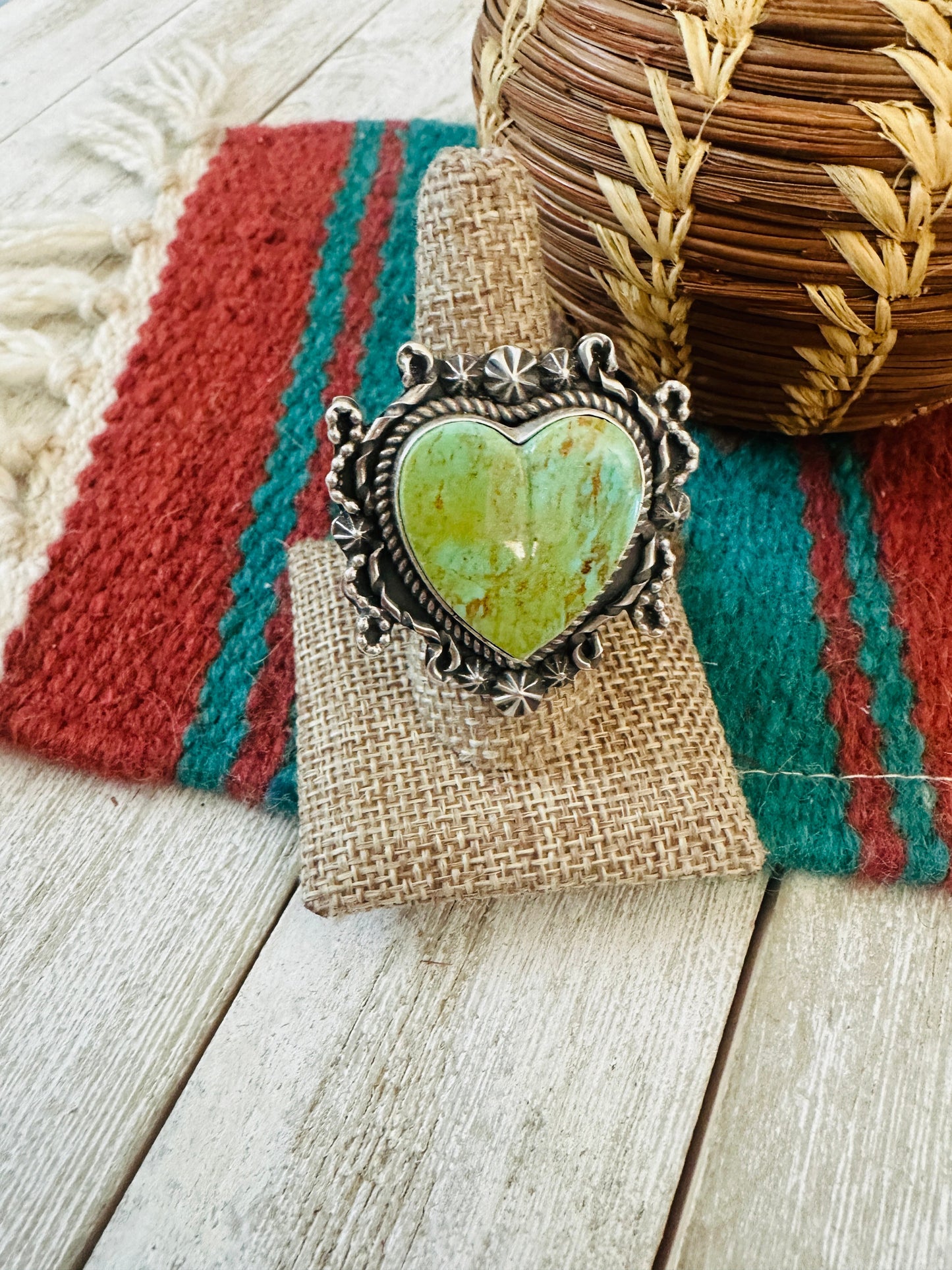 Apache Sterling Silver & Turquoise Heart Ring by Rosella Paxson, Size 9