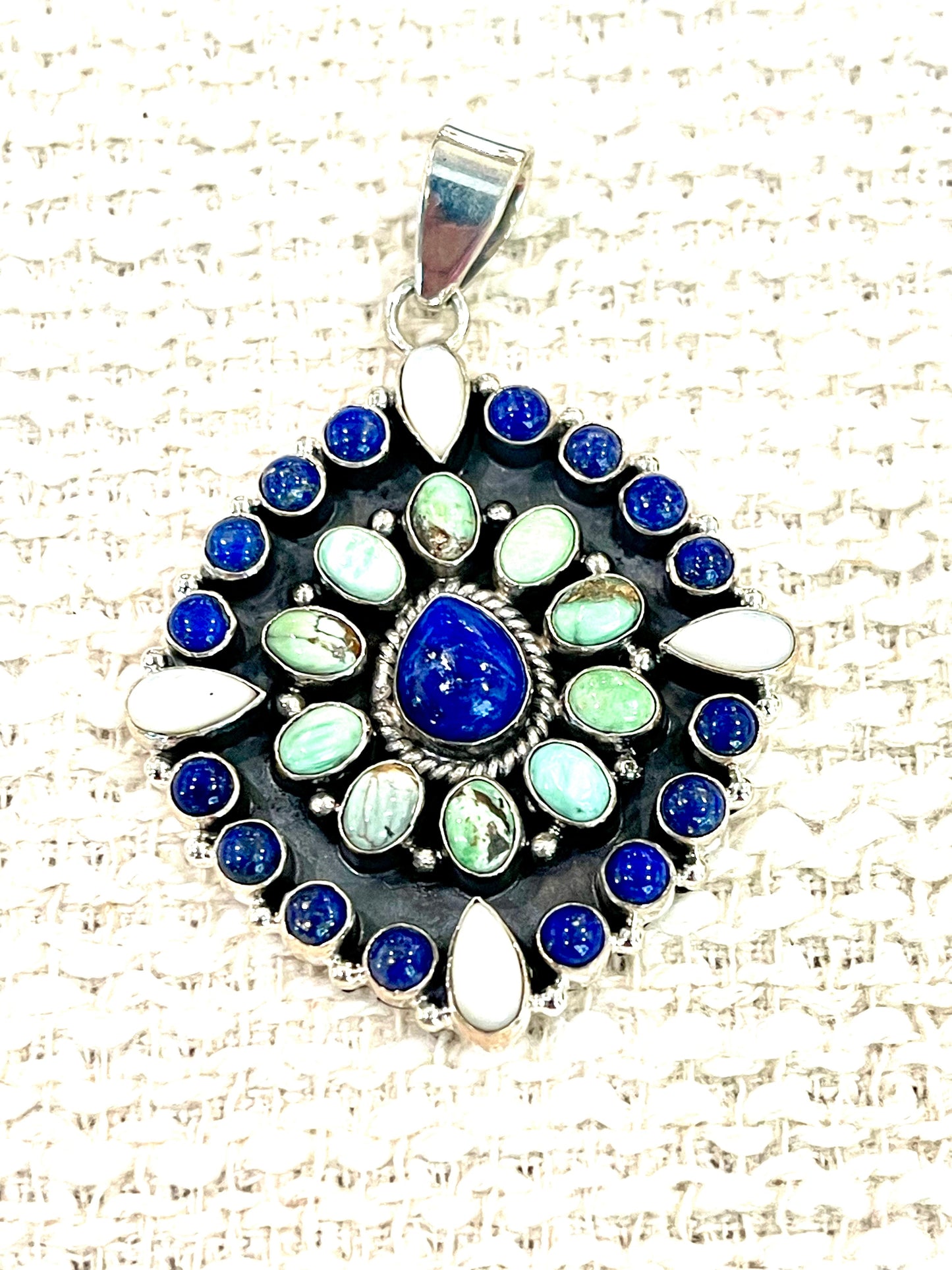** 4TH OF JULY ** Handmade Sterling Silver, Lapis & Royston Cluster Pendant with Signed Nizhoni