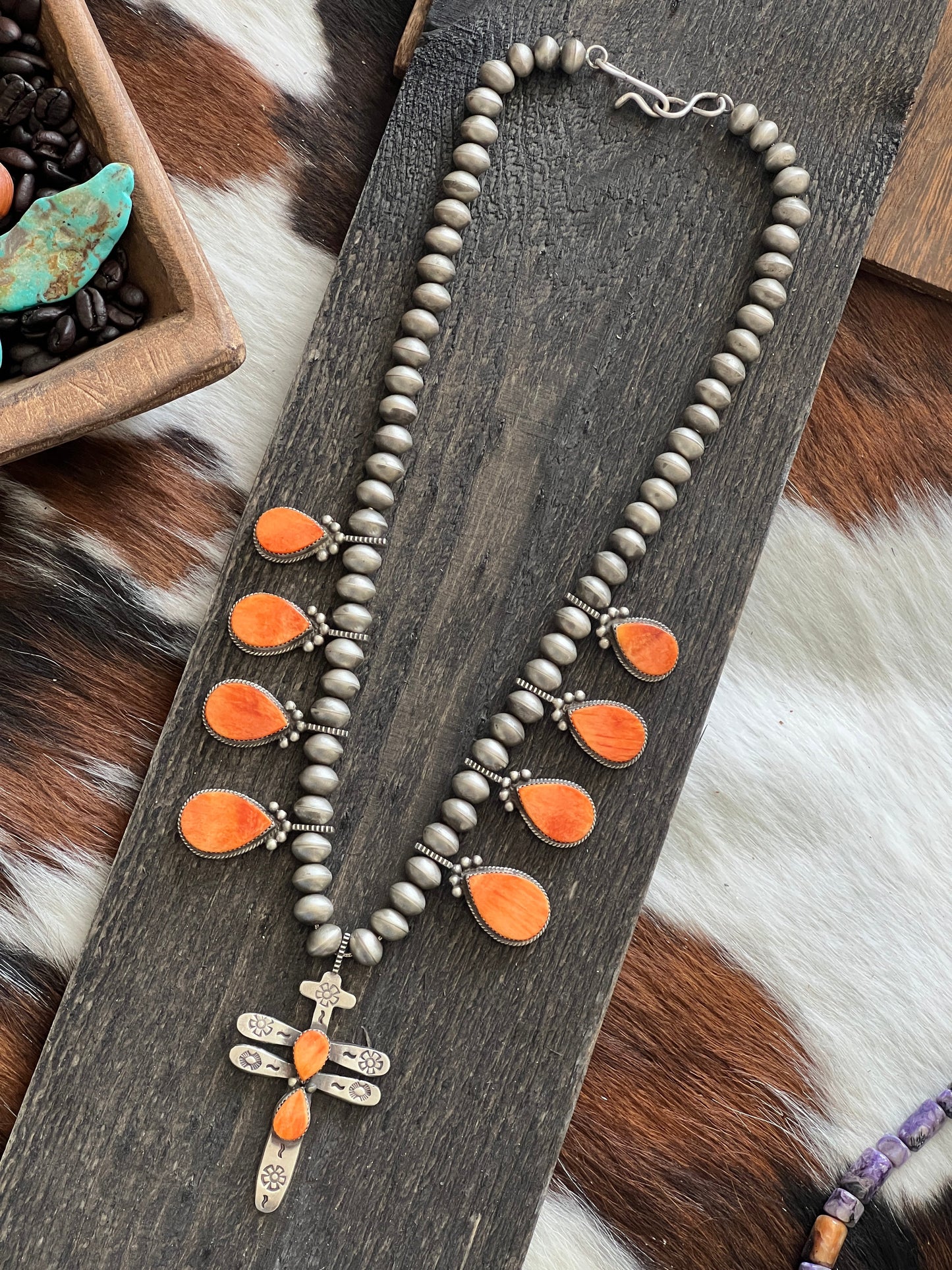 Navajo Sterling Silver And Orange Spiny Oyster Shell Dragonfly Bead Necklace by Selena Warner