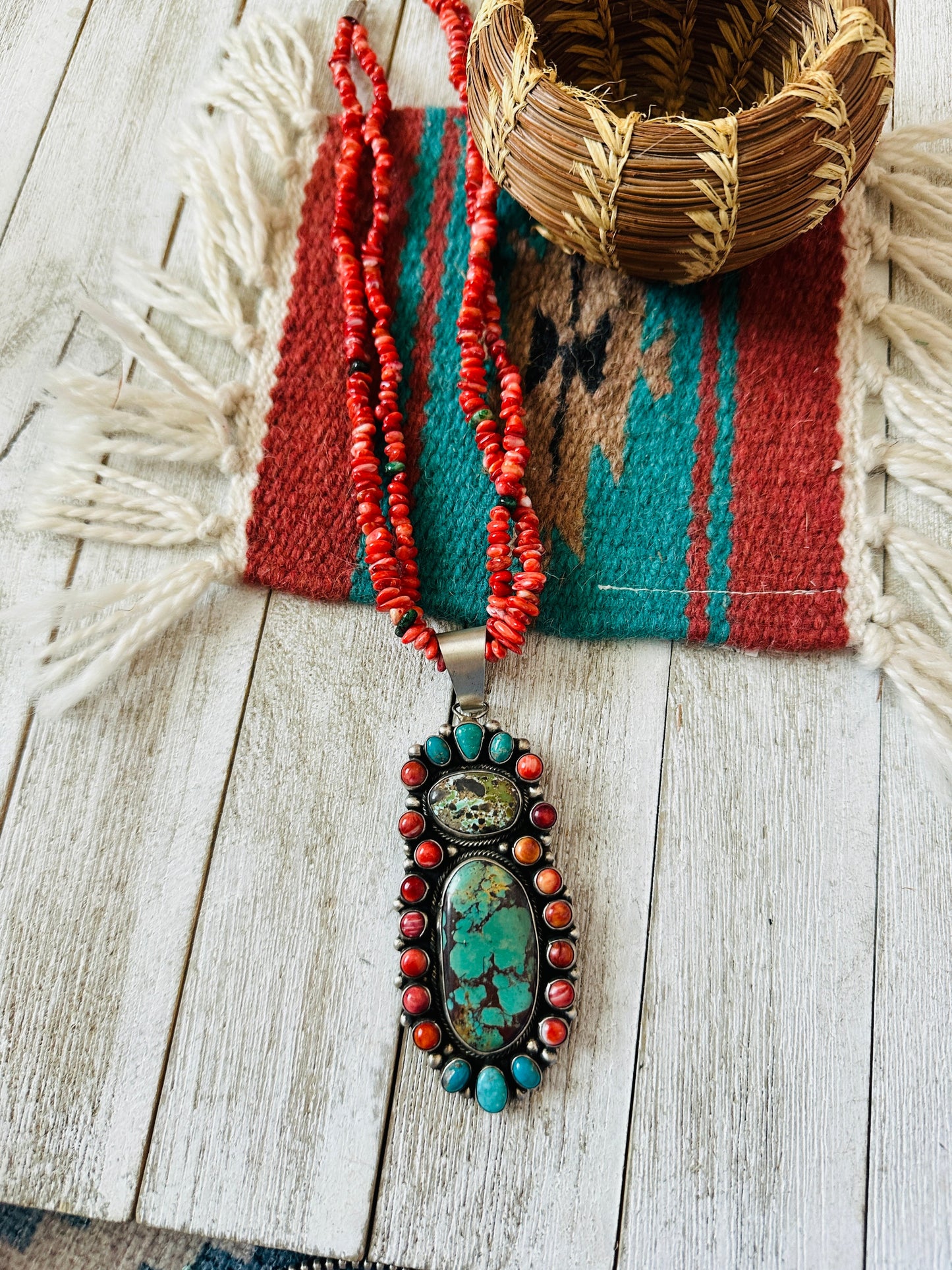 Navajo Sterling Silver, Spiny & Turquoise Cluster Beaded Necklace