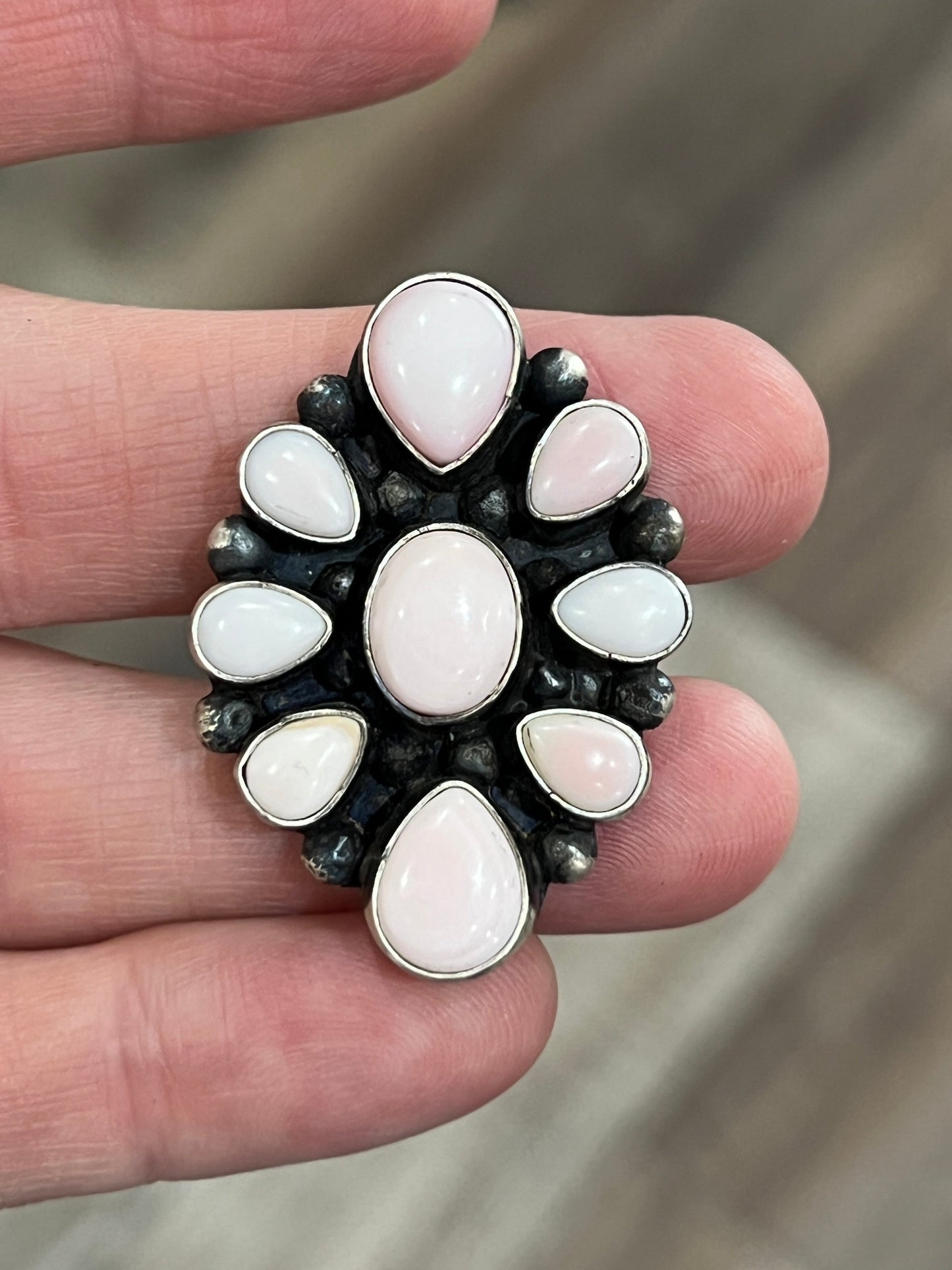 Navajo Sterling Silver and Queen Pink Conch Shell Cluster Ring by Travis Jim