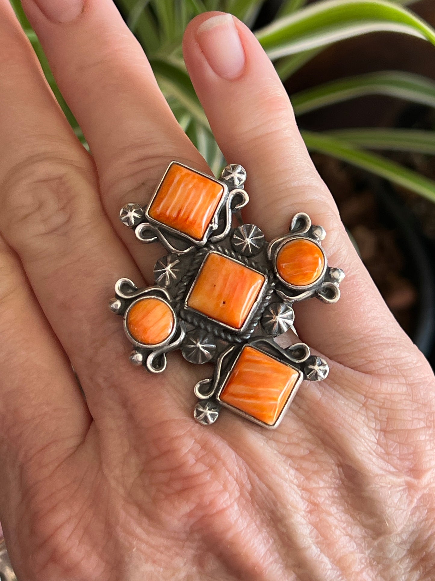 Apache Sterling Silver and Orange Spiny Oyster Shell Intuition Ring, Size 8