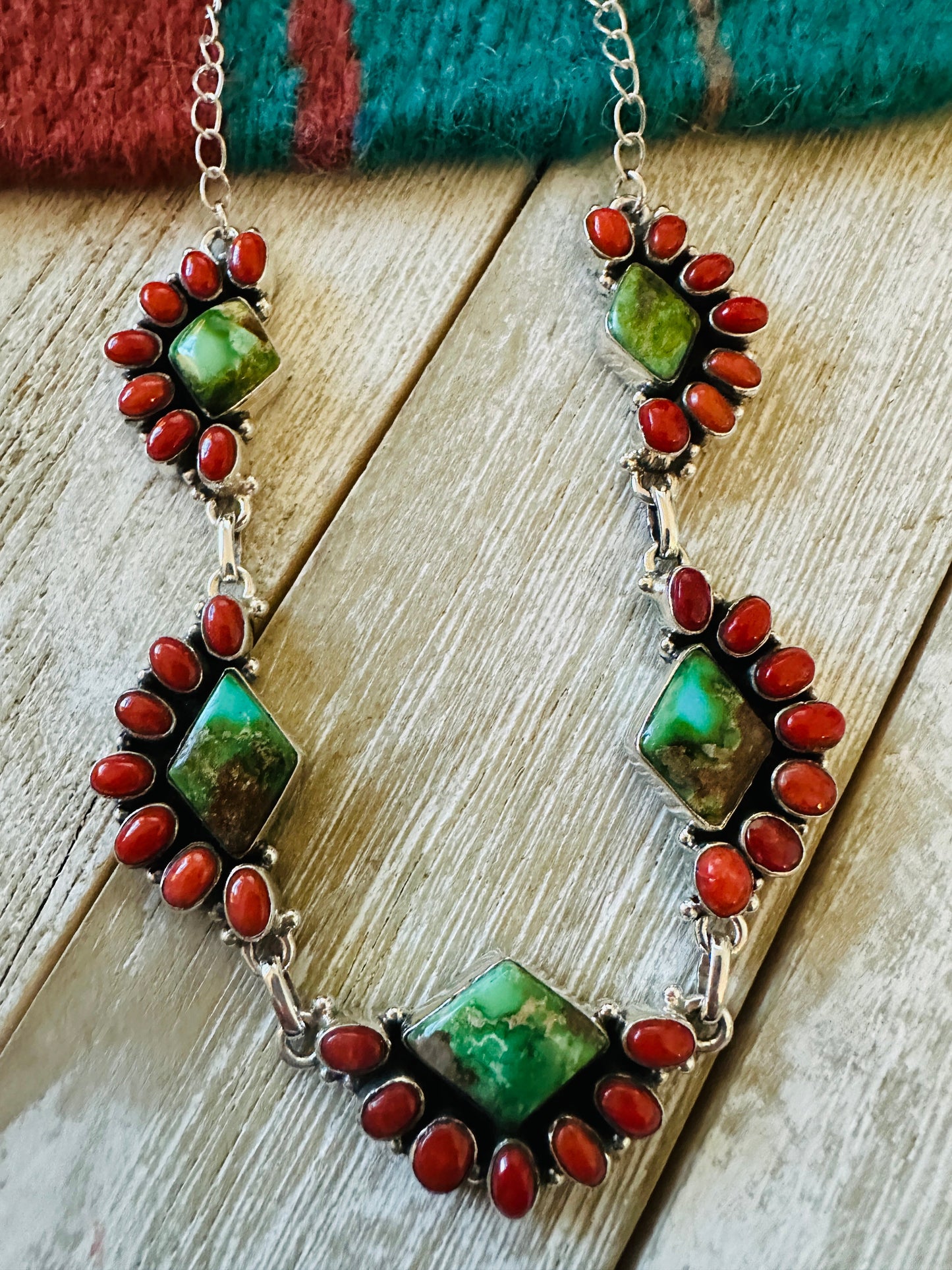** Christmas Collection ** Handmade Sterling Silver, Turquoise & Coral Necklace Signed Nizhoni