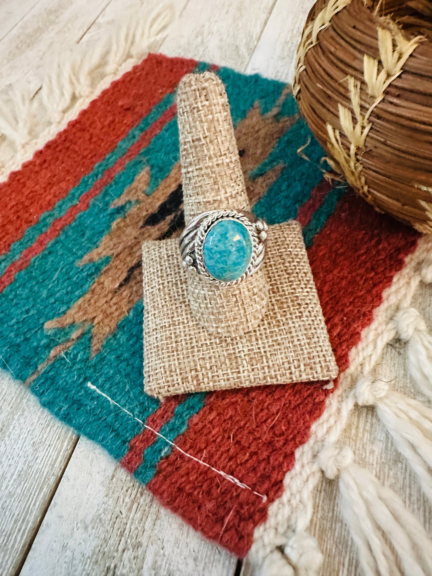Navajo Turquoise & Sterling Silver Cigar Band Ring Size 9.75