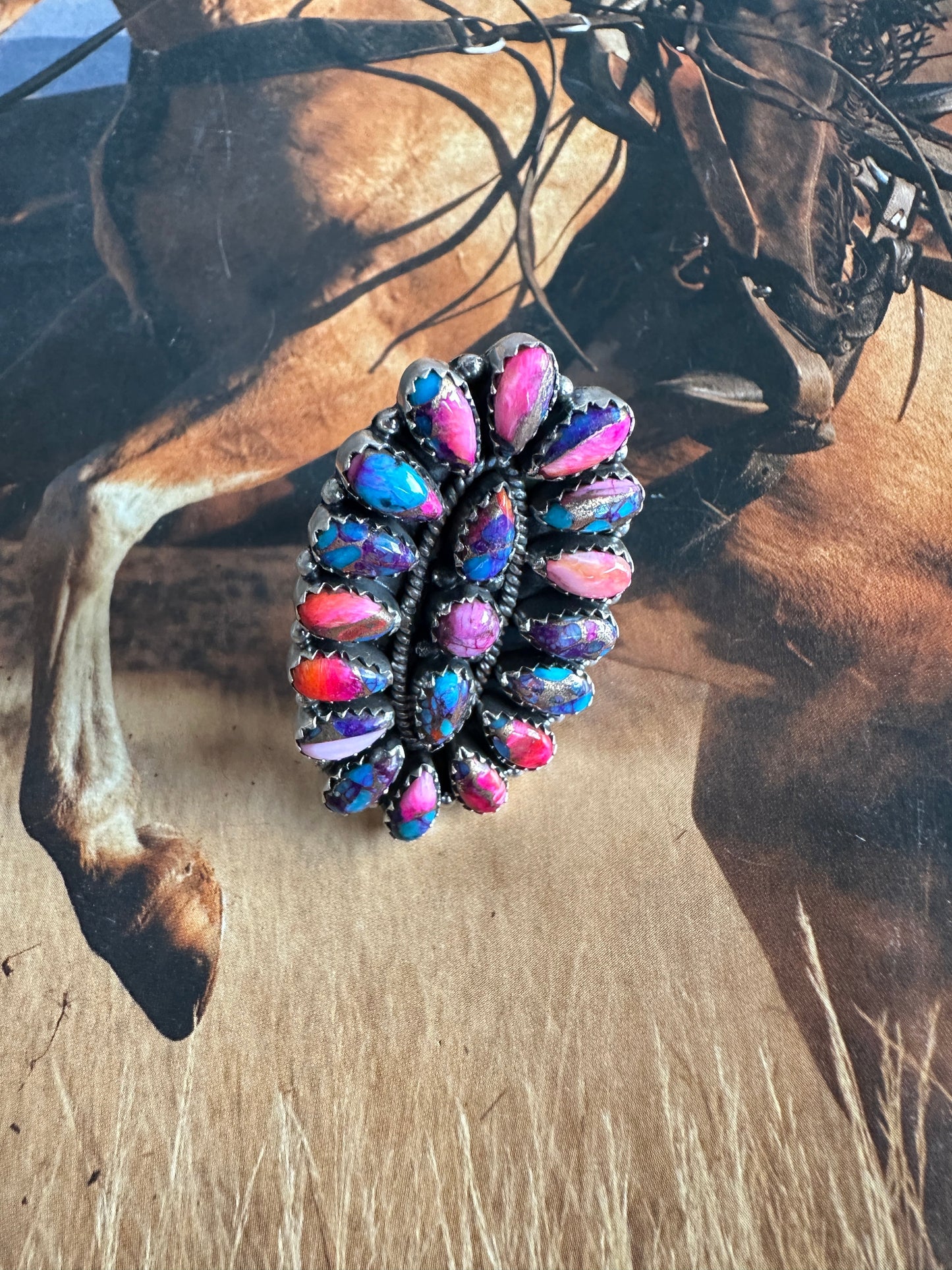 THE SILVERTON Beautiful Handmade Pink Dream Mojave And Sterling Silver Adjustable Cluster Ring