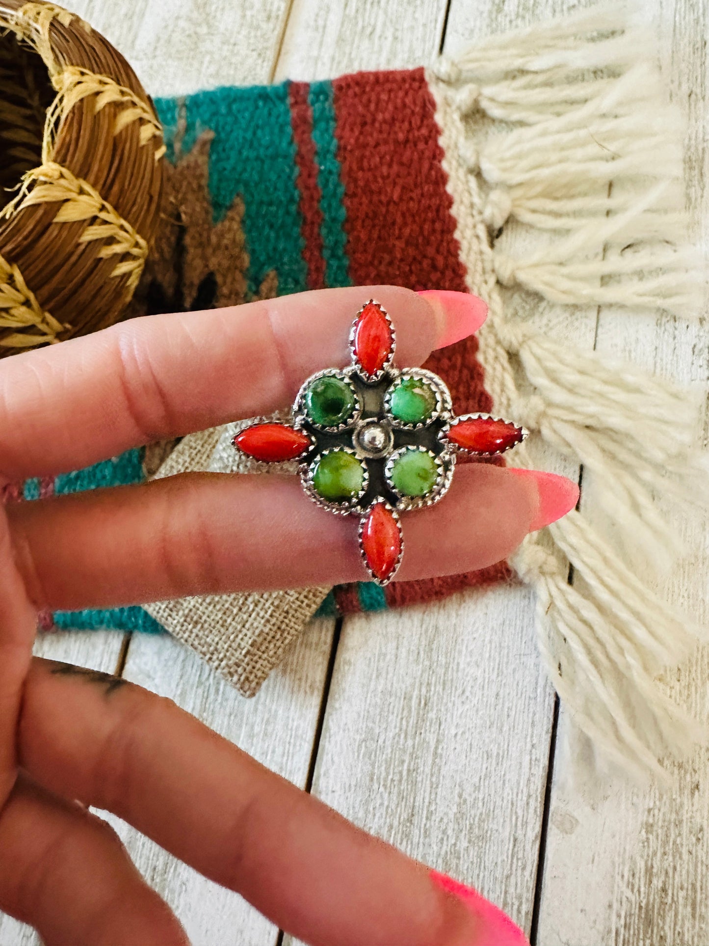 ** Christmas Collection ** Handmade Sterling Silver, Turquoise & Coral Adjustable Ring Signed Nizhoni