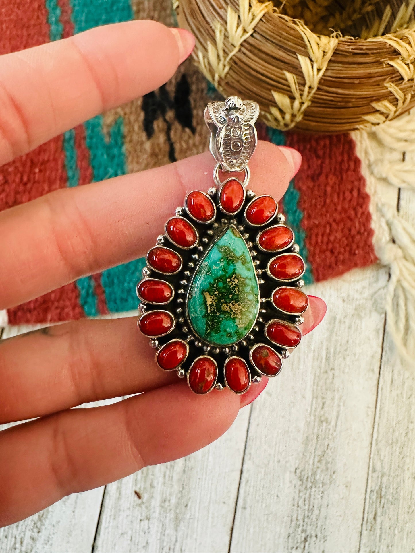 ** Christmas Collection ** Handmade Sterling Silver, Coral & Turquoise Cluster Pendant Signed Nizhoni