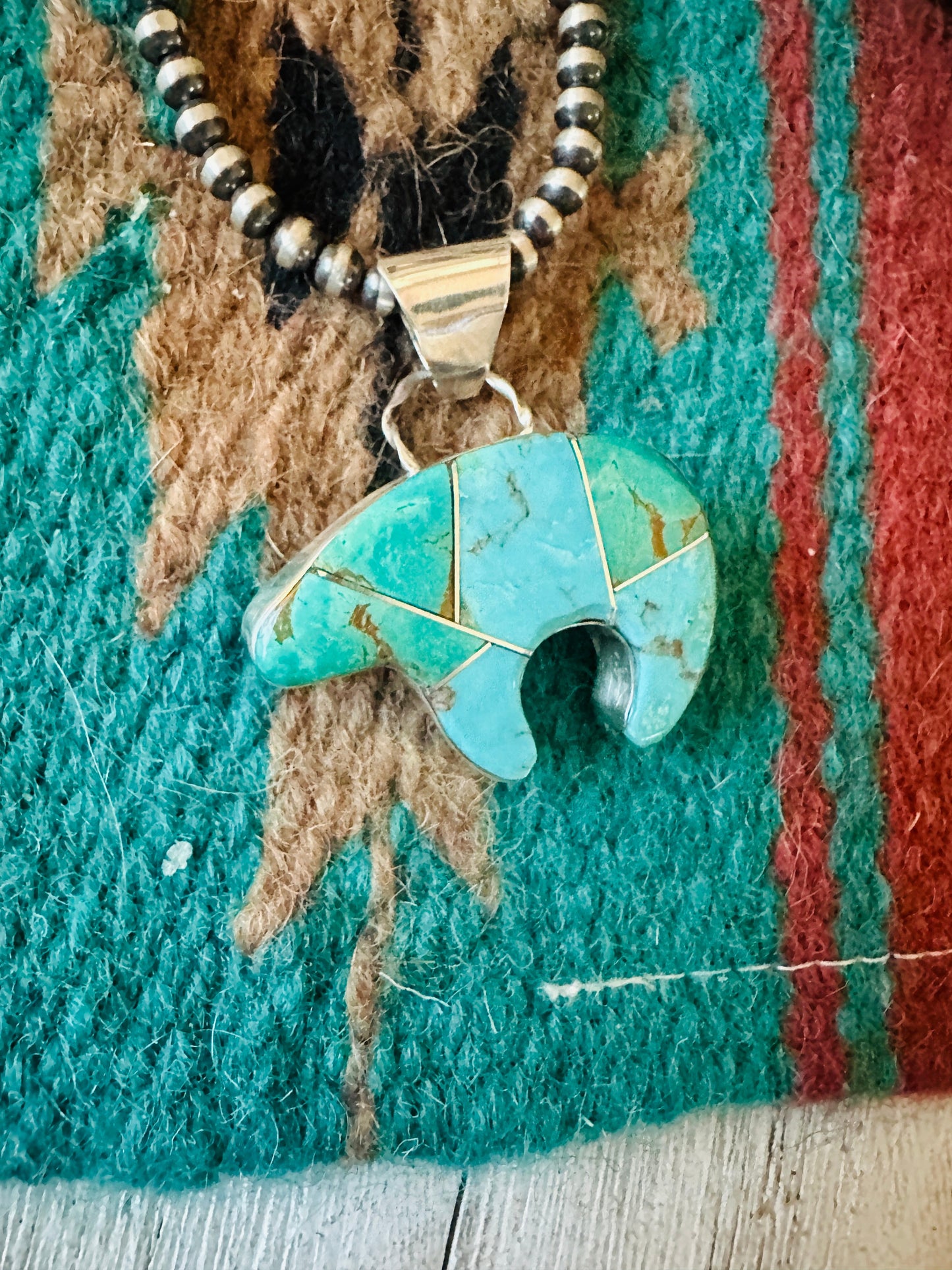 Navajo Turquoise & Sterling Silver Inlay Fetish Bear Pendant