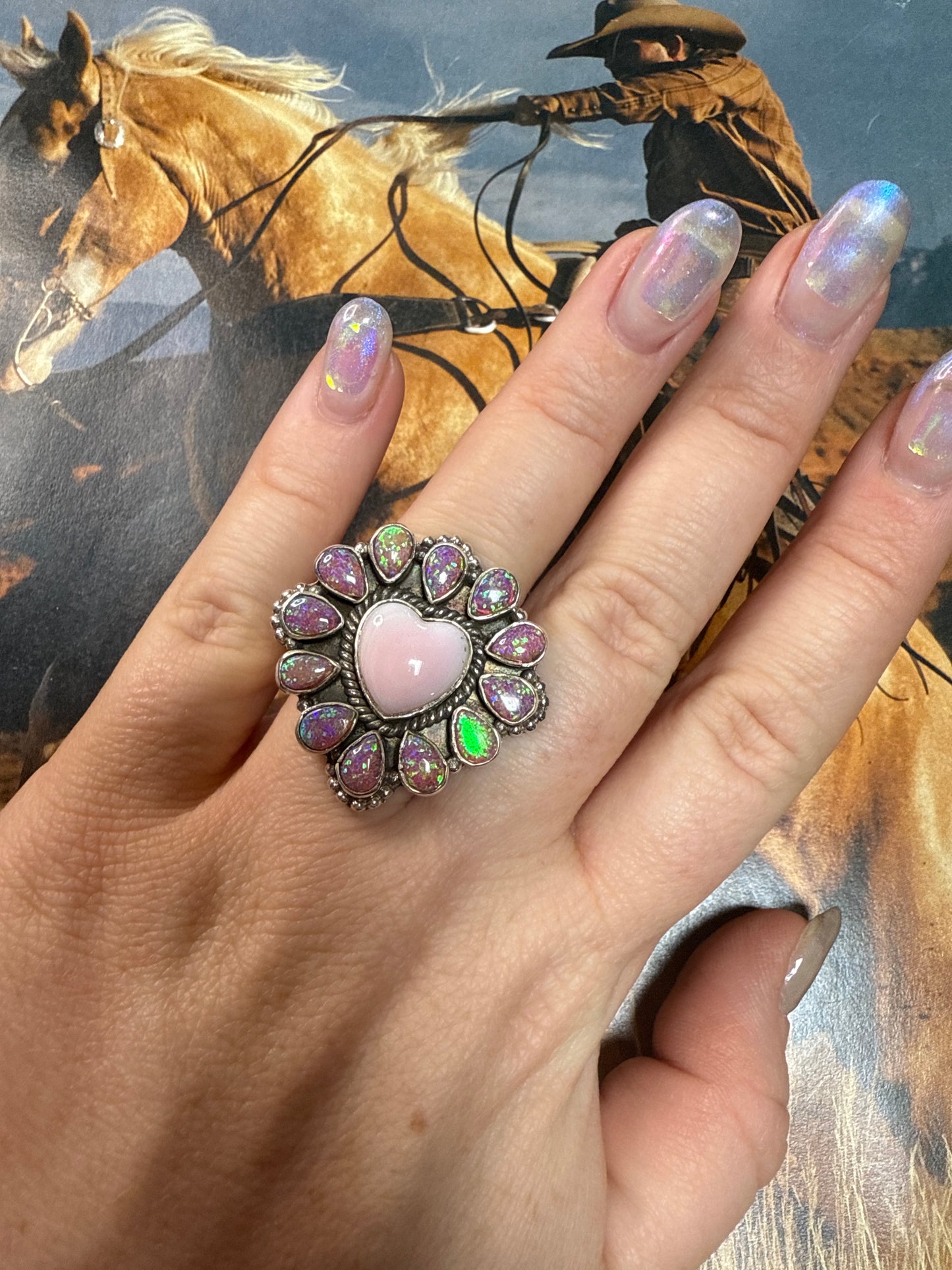 Handmade Pink Conch, Purple Fire Opal & Sterling Silver Adjustable Heart Ring