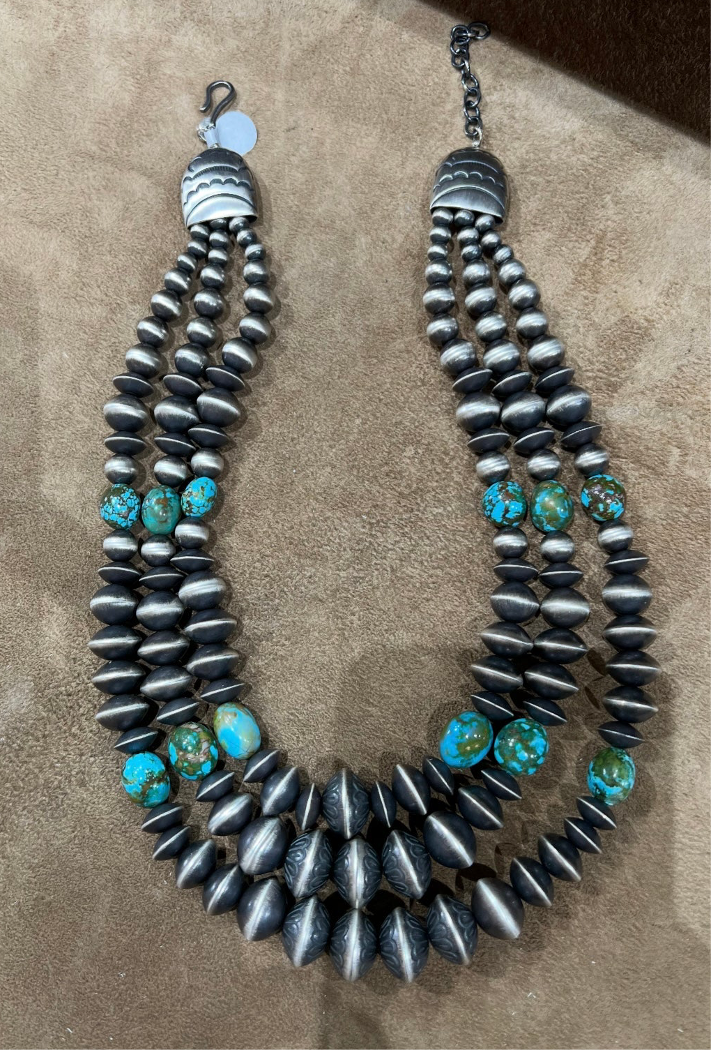 Rose Martin Sterling Silver & Kingman Turquoise Three Strand Navajo Necklace