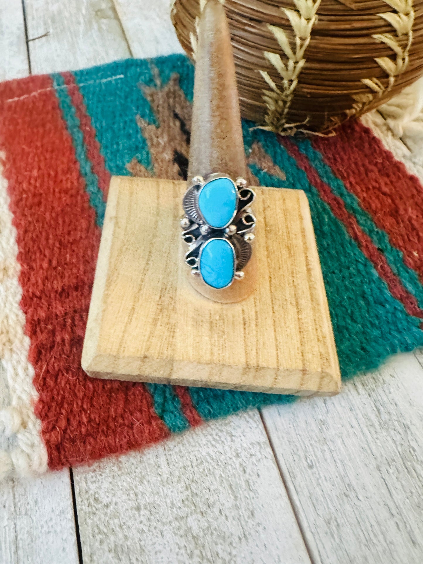 Navajo Turquoise & Sterling Silver Two Stone Ring Size 8.5