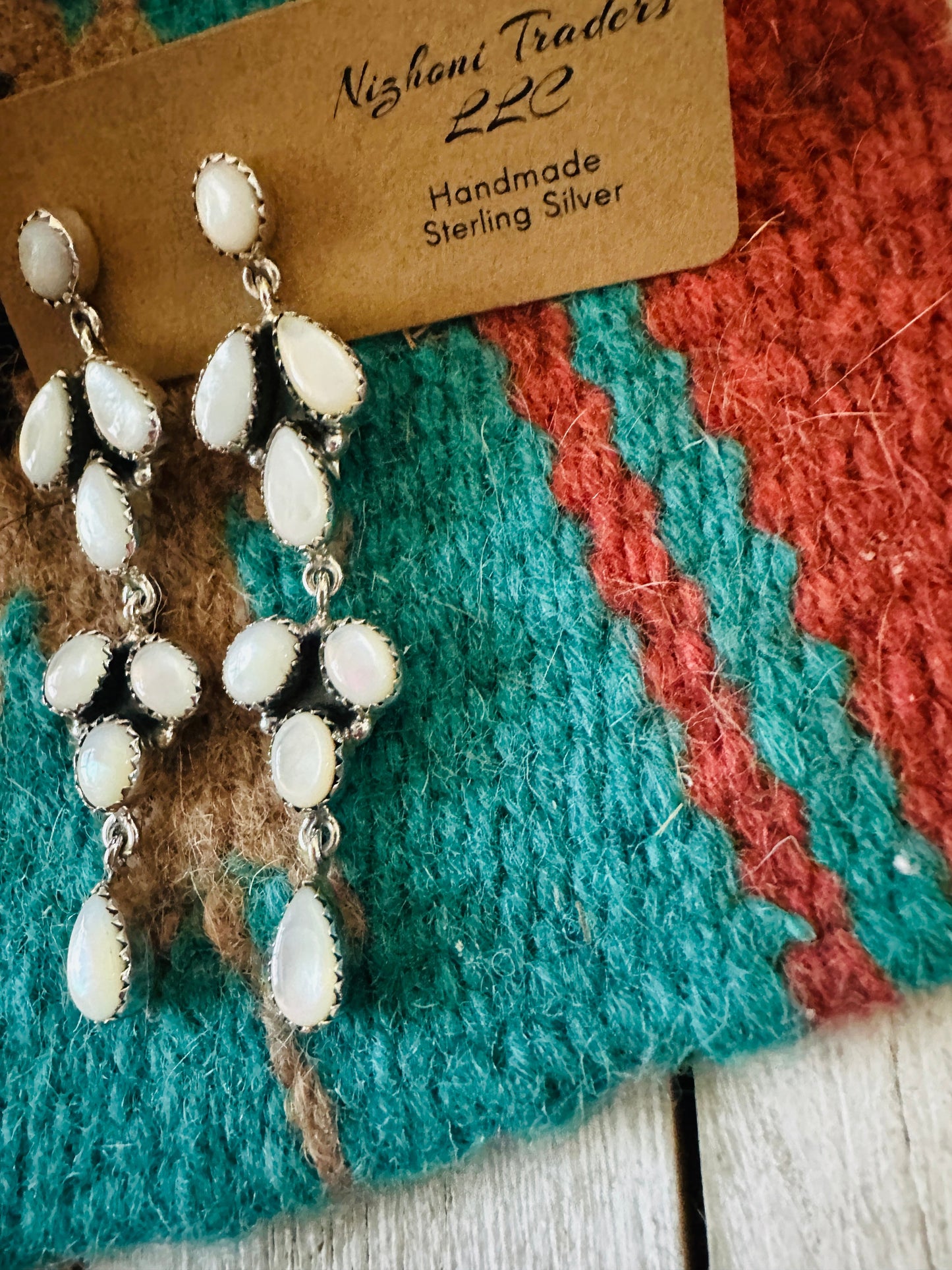 ** Christmas Collection ** Handmade Sterling Silver & Mother of Pearl Dangle Earrings Signed Nizhoni