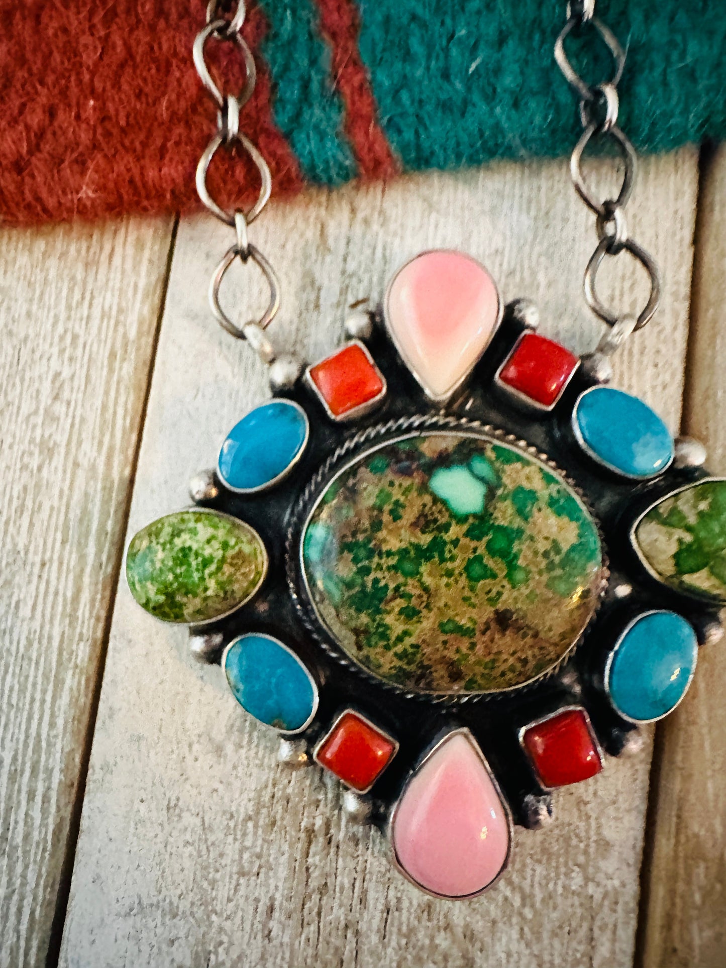 Navajo Sterling Silver & Multi Stone Cluster Necklace