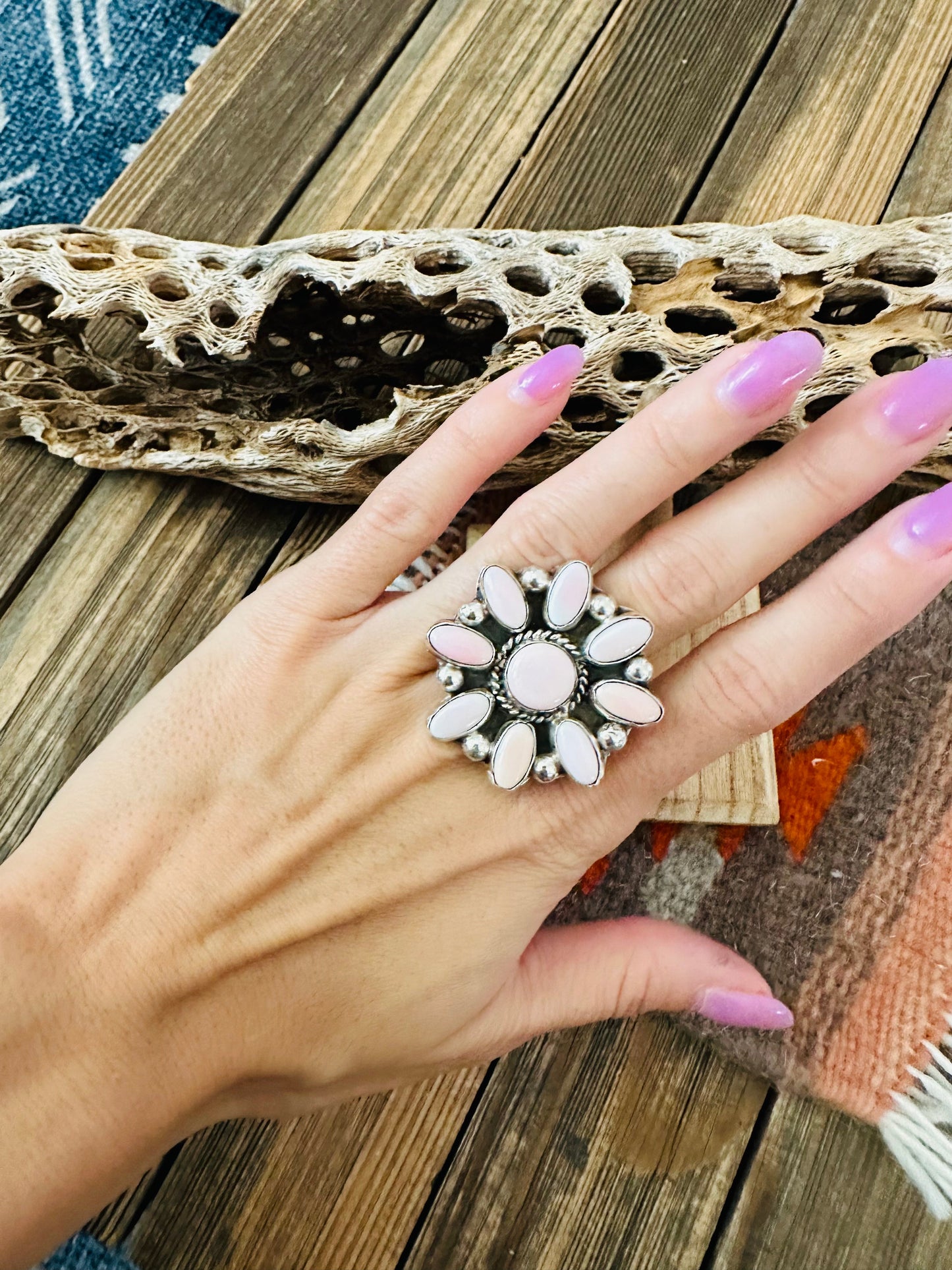 Navajo Sterling Silver and Queen Pink Conch Shell Adjustable Flower Ring