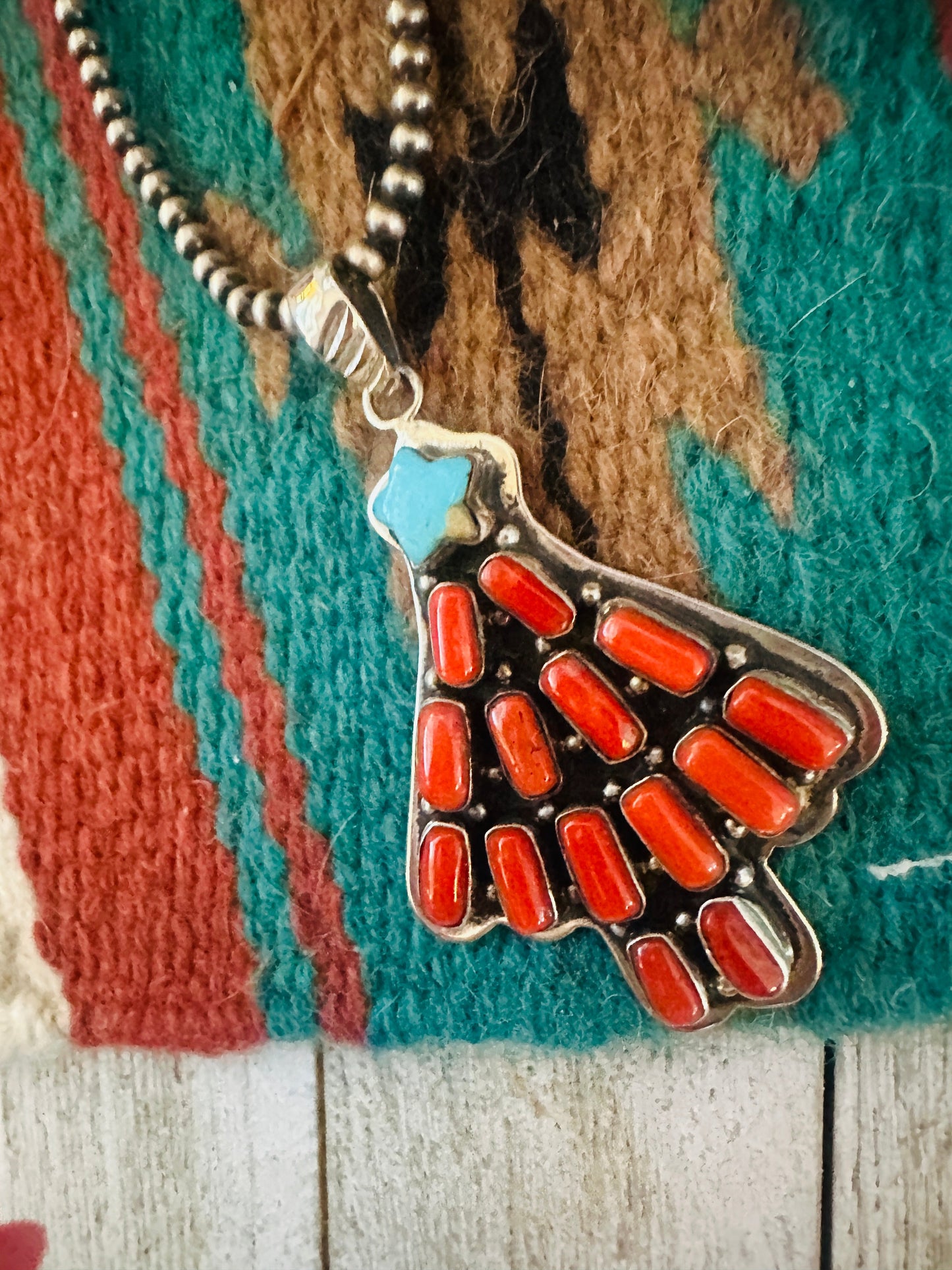 ** Christmas Collection ** Handmade Sterling Silver, Coral & Turquoise Pendant Signed Nizhoni