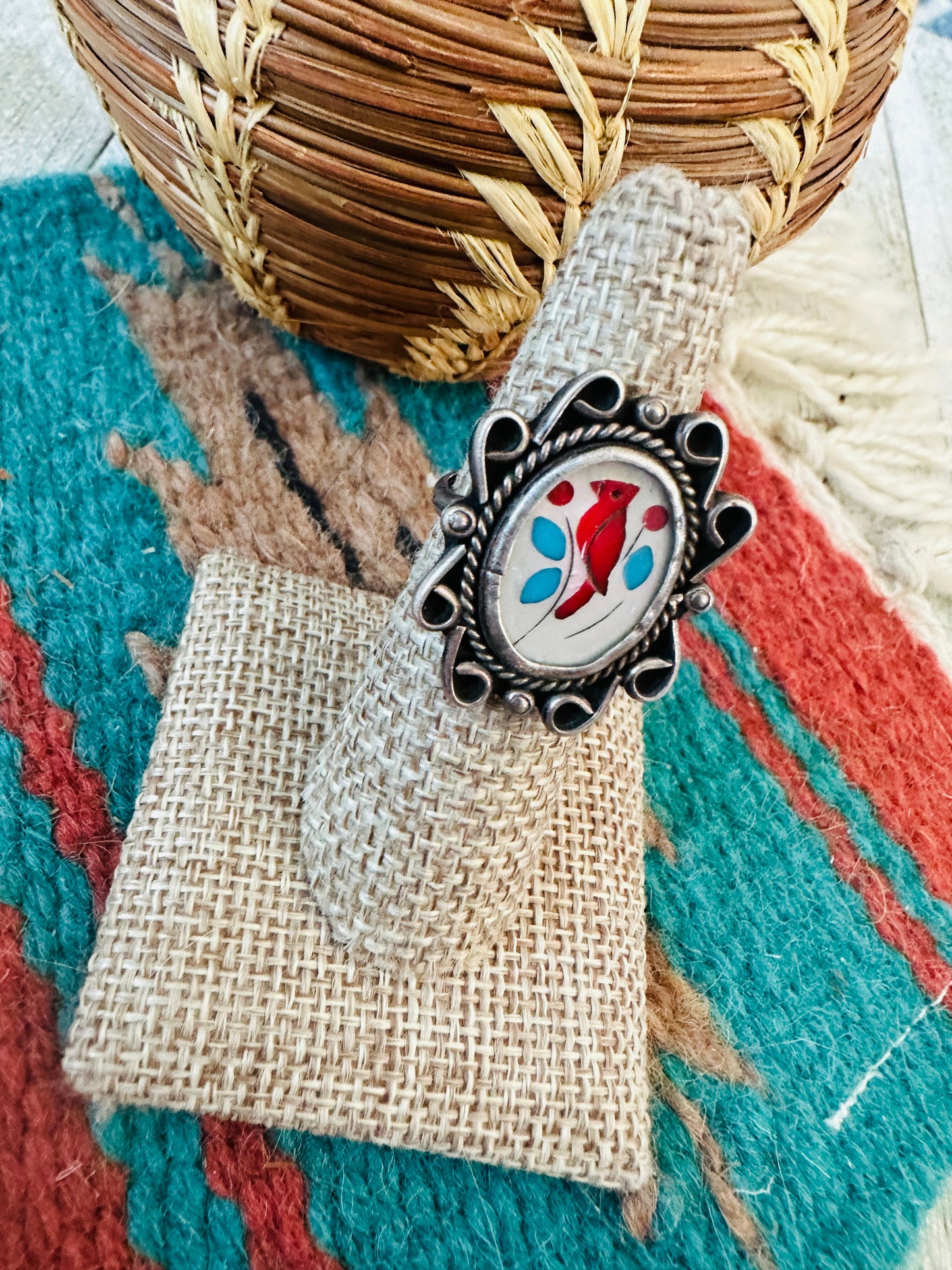 Old Pawn Vintage Zuni Sterling Silver & Multi Stone Inlay Bird Ring Size 5.5