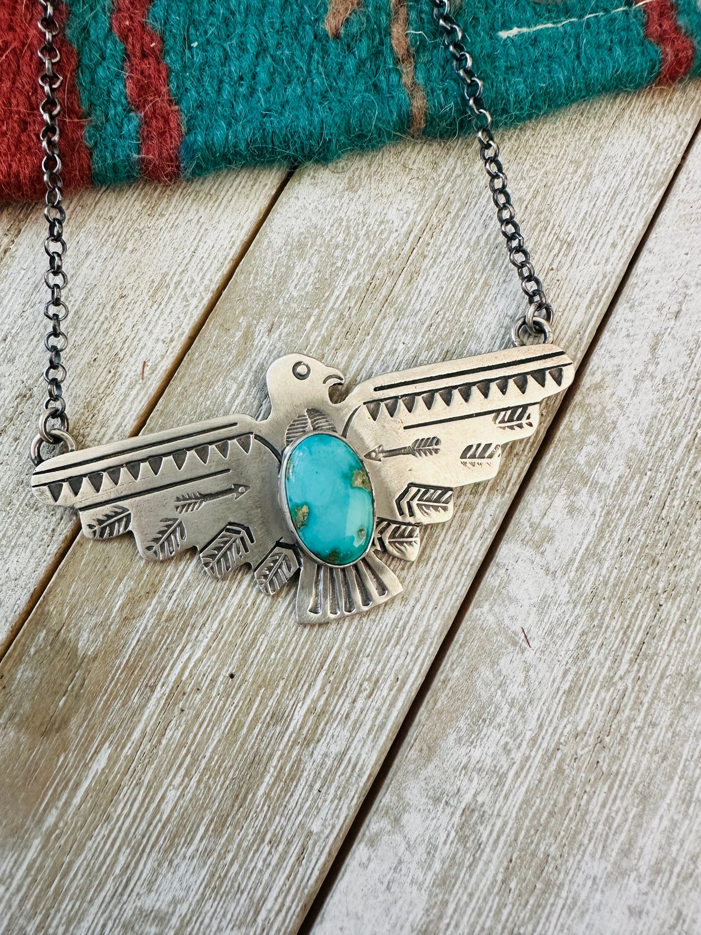 Navajo Turquoise & Sterling Silver Thunderbird Necklace by Russell Sam