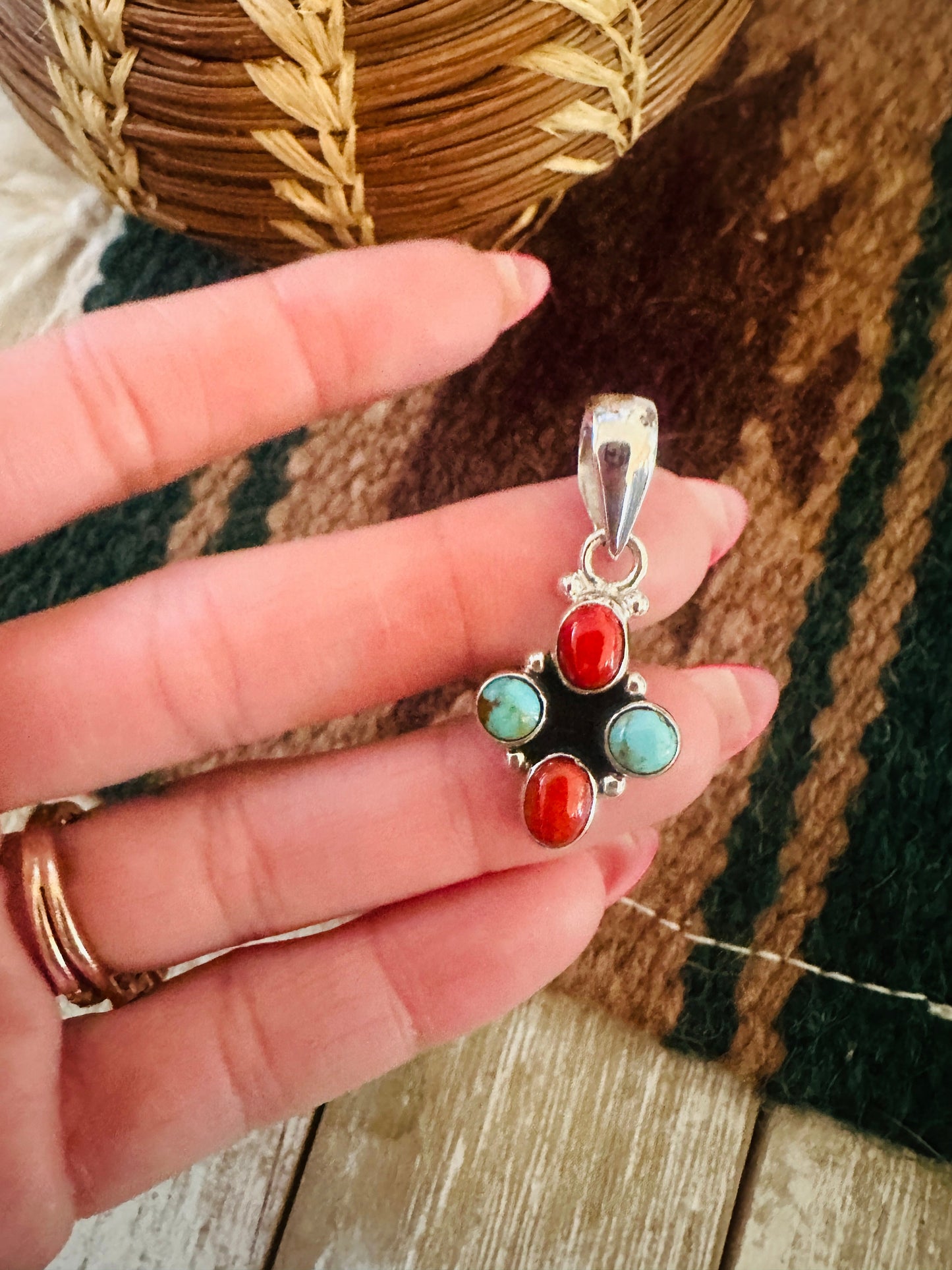 ** Christmas Collection ** Handmade Sterling Silver, Coral & Turquoise Pendant Signed Nizhoni