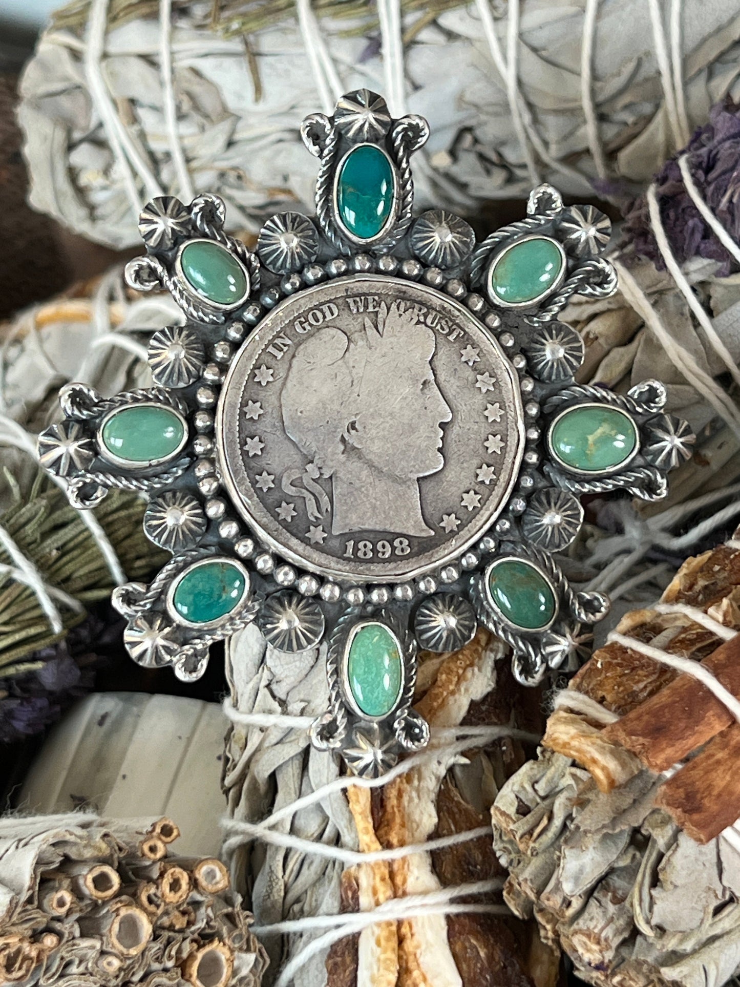 Rosella Paxson Hubei Turquoise and Barber Half Dollar Cluster Ring, Sz 6.5-7