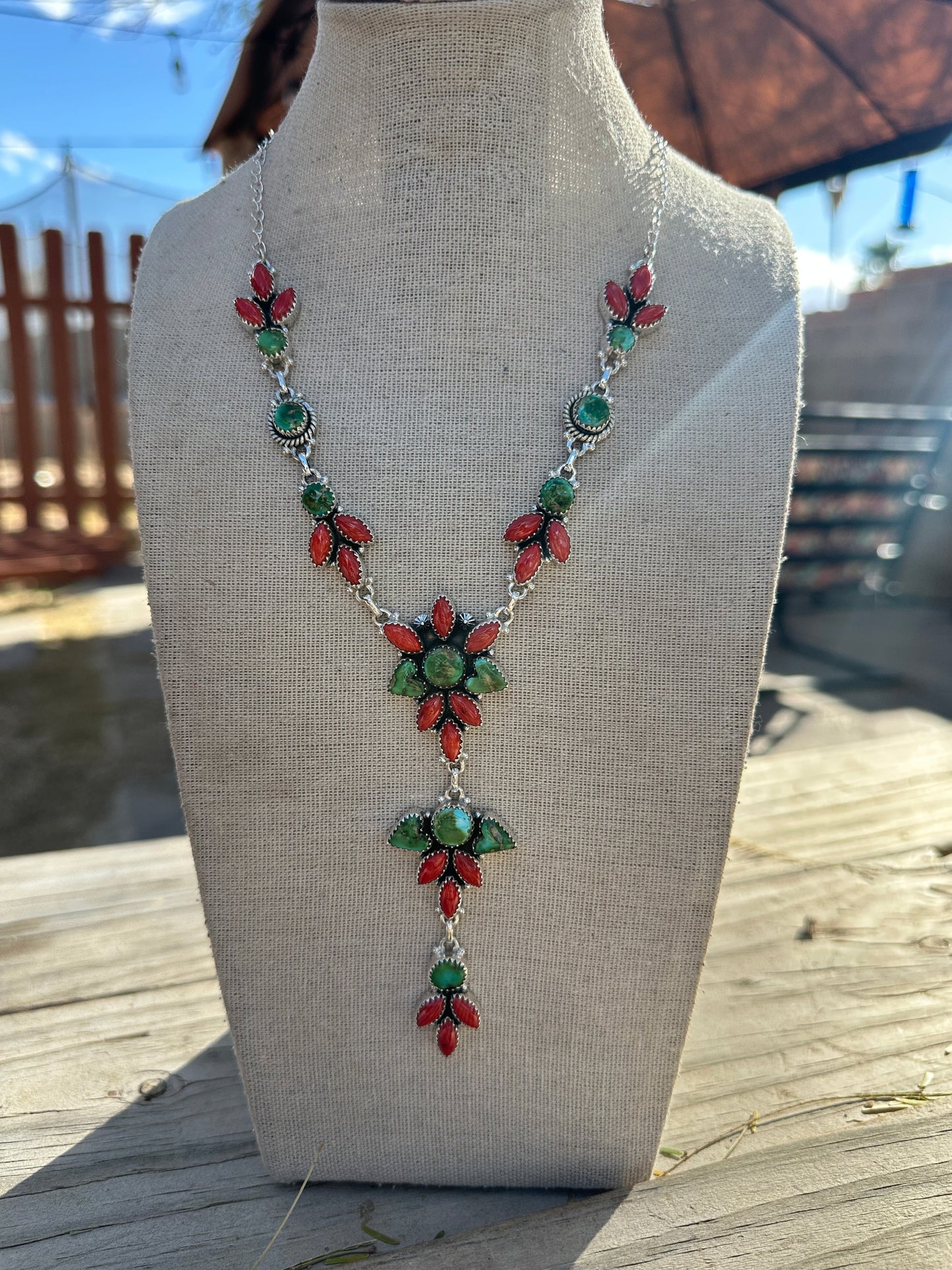 Beautiful Handmade Sterling Silver, Coral & Sonoran Turquoise Lariat Necklace