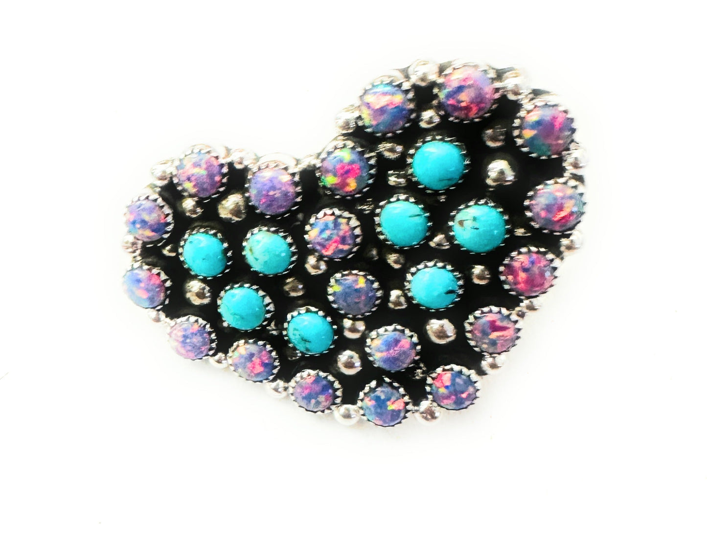 Navajo Sterling Silver, Opal & Turquoise Cluster Adjustable Heart Ring