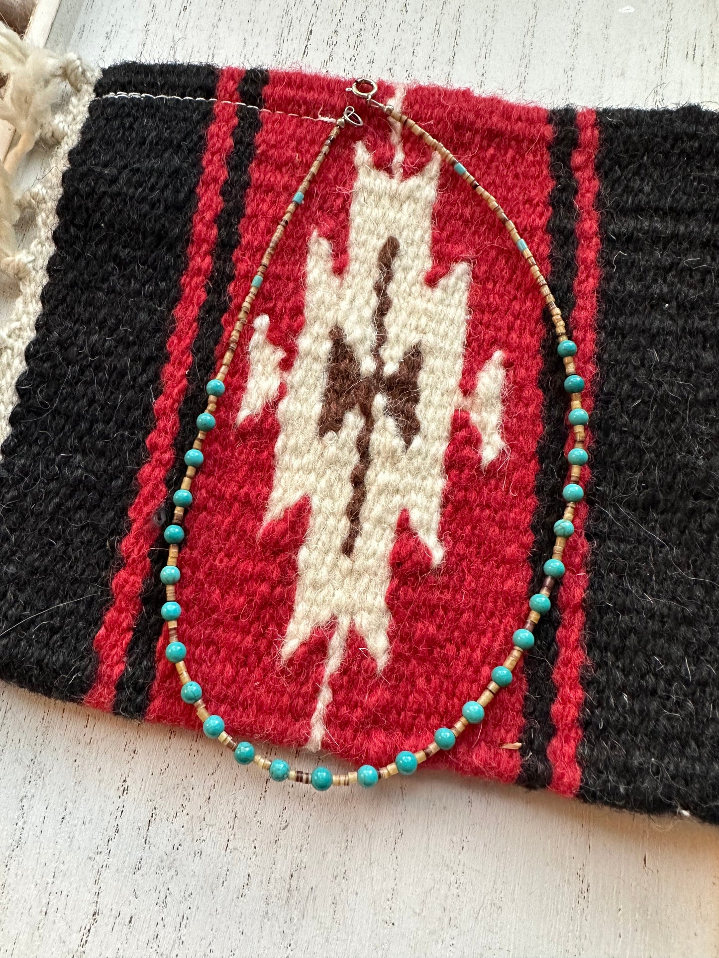 Navajo Turquoise And Heishi Beaded Necklace 16”