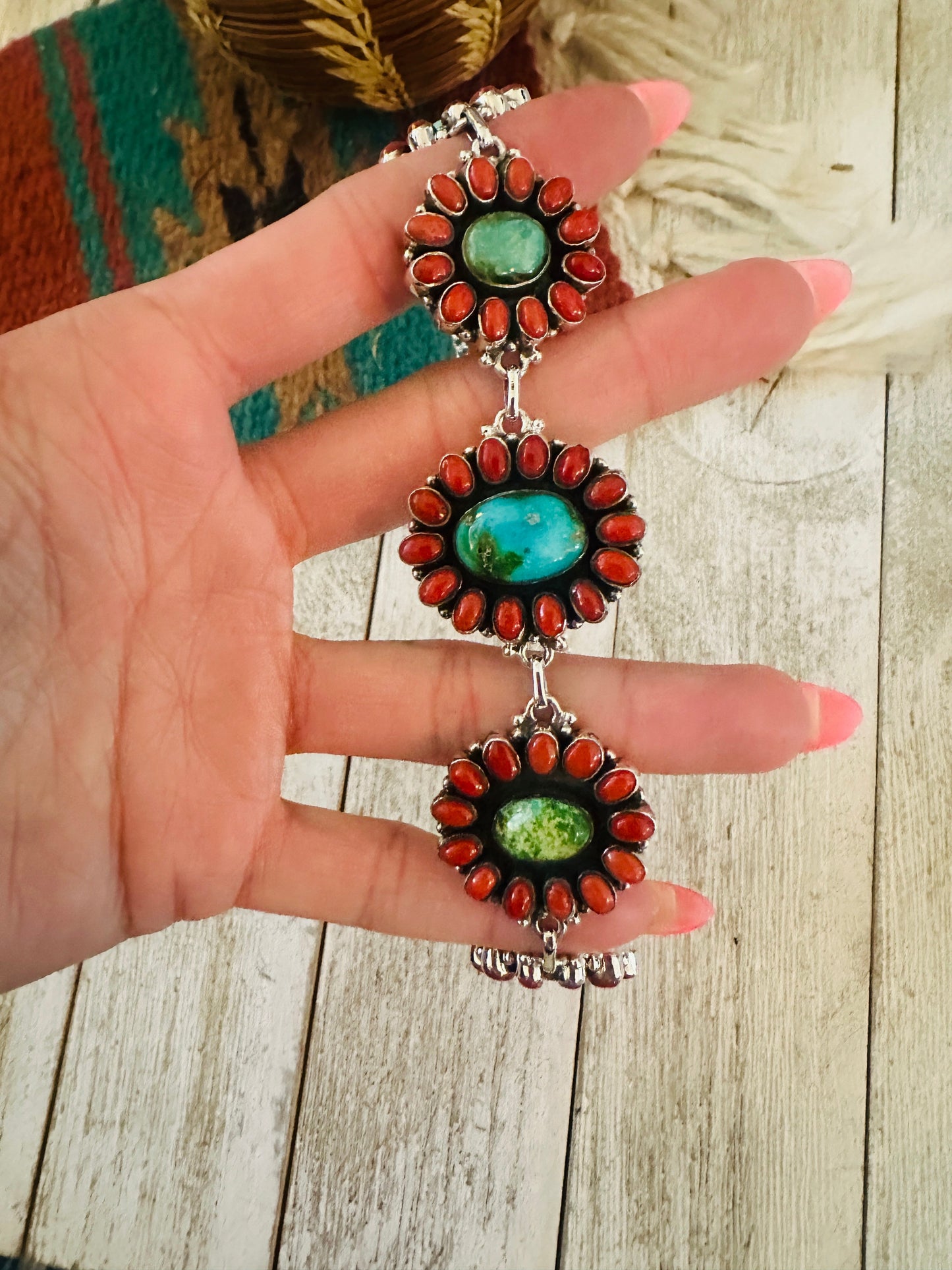 ** Christmas Collection ** Handmade Sterling Silver, Turquoise & Coral Necklace Signed Nizhoni