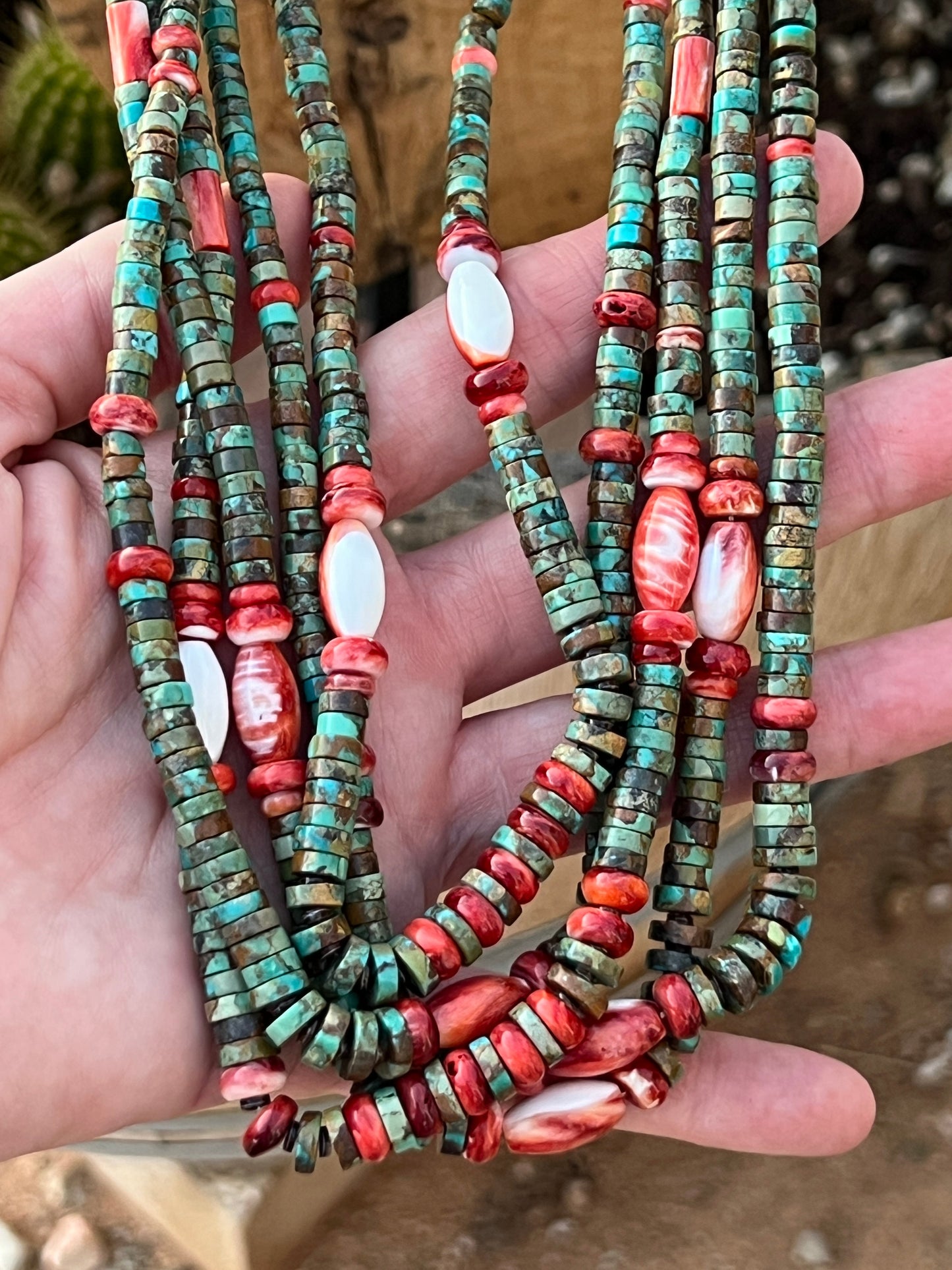Stunning Navajo Made Five Strand Hubei Turquoise and Spiny Oyster Shell Beaded Necklace with Squaw Wrap